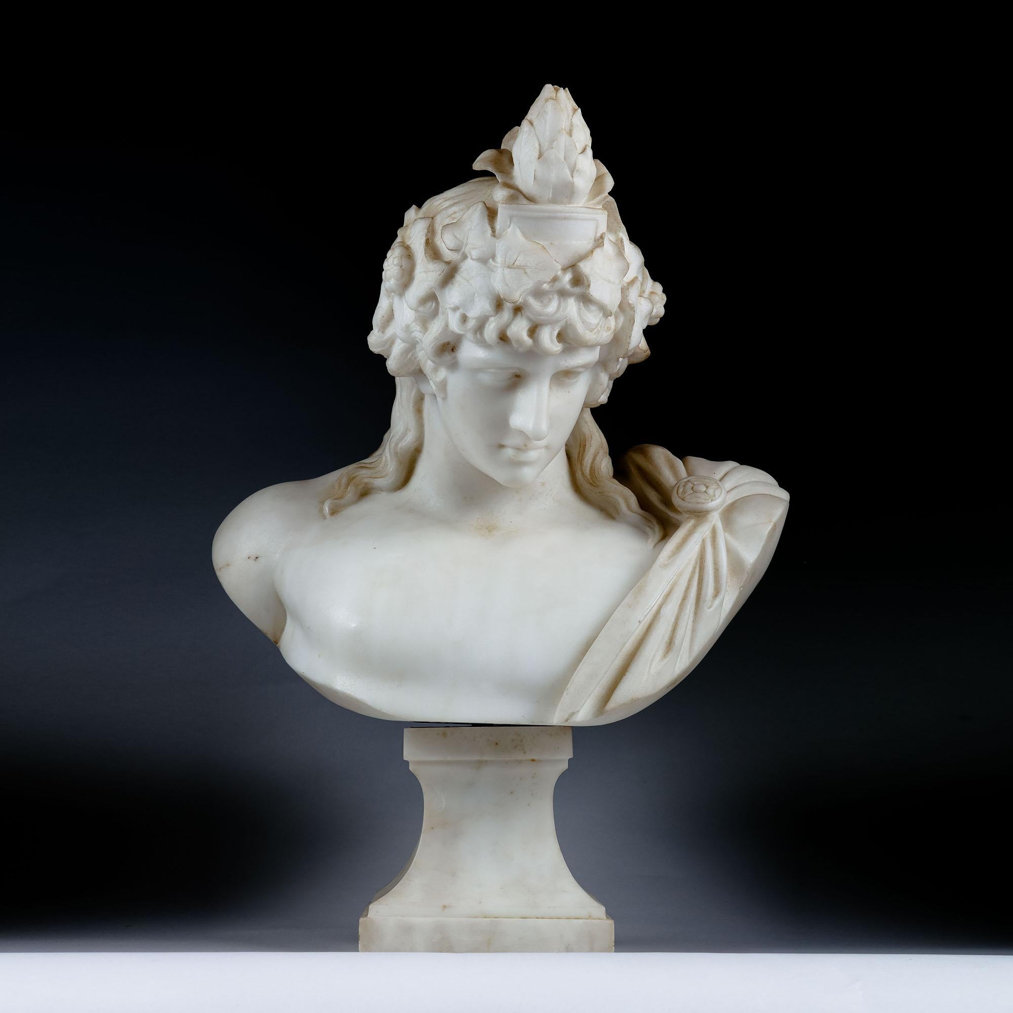 Italian 19th Century Statuary Marble Bust of the Braschi Antinous as Dionysus, Signed