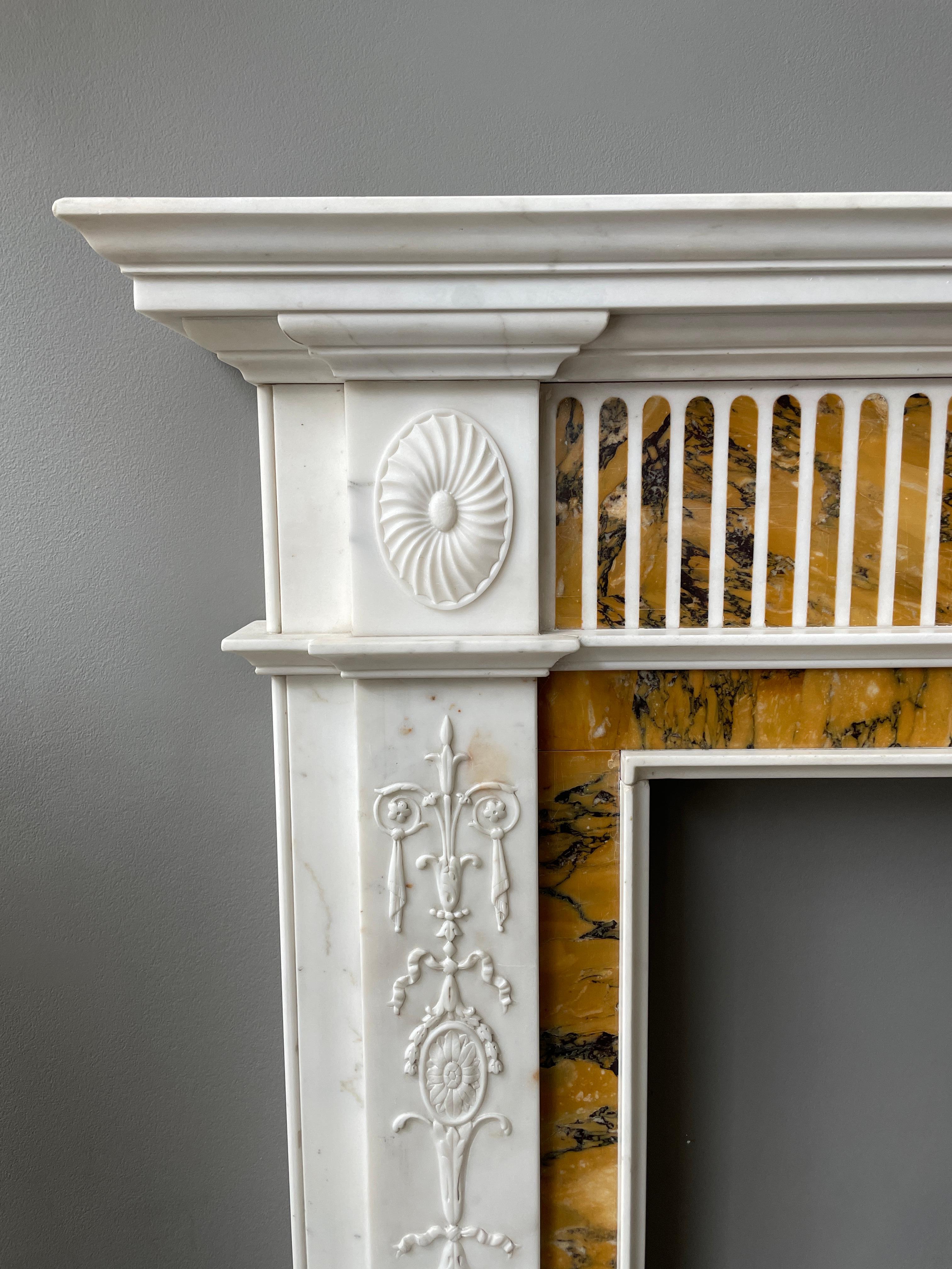 Georgian 19th Century Statuary White and Sienna Marble Neoclassical Fireplace Mantel For Sale