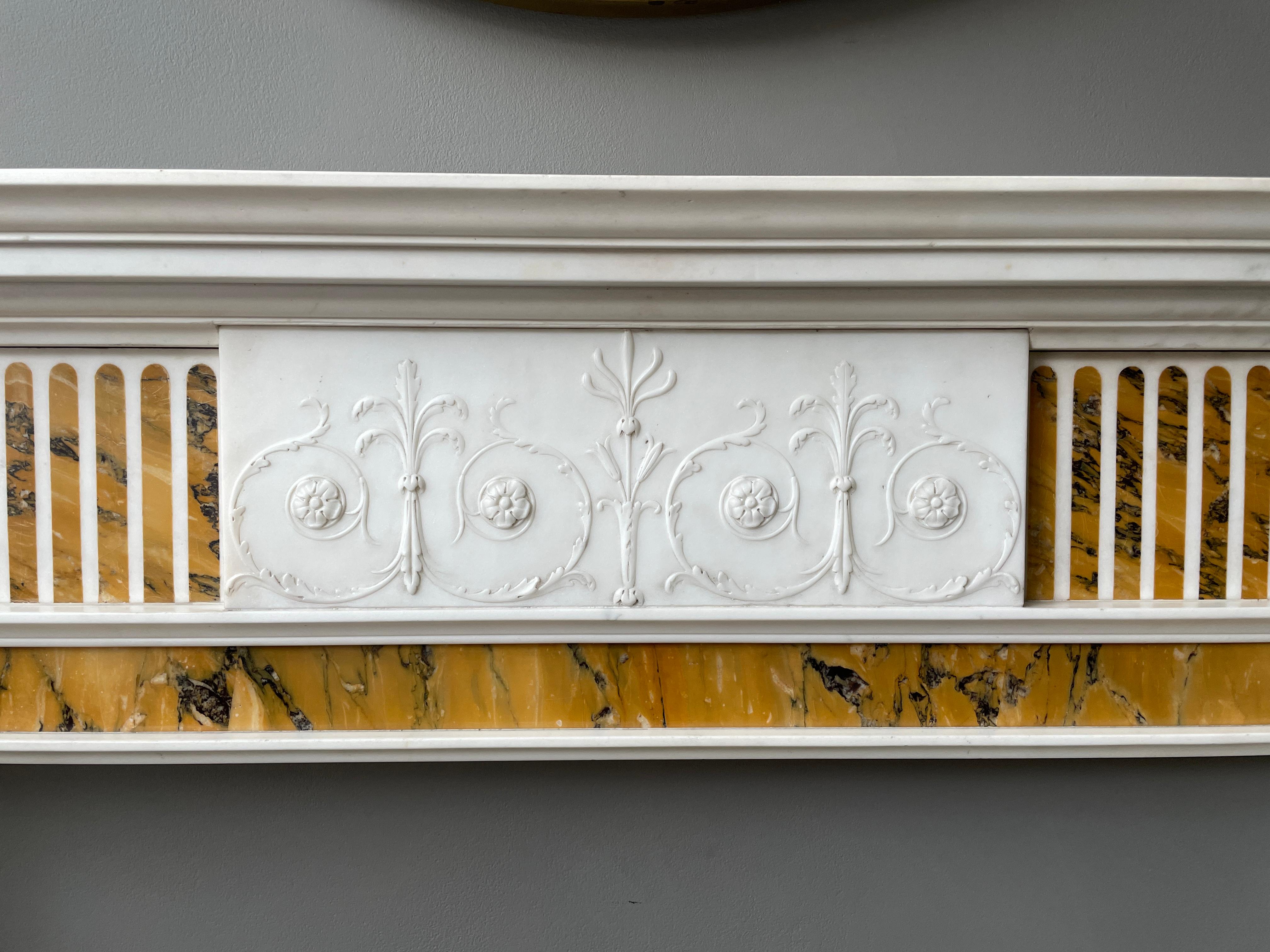 English 19th Century Statuary White and Sienna Marble Neoclassical Fireplace Mantel For Sale