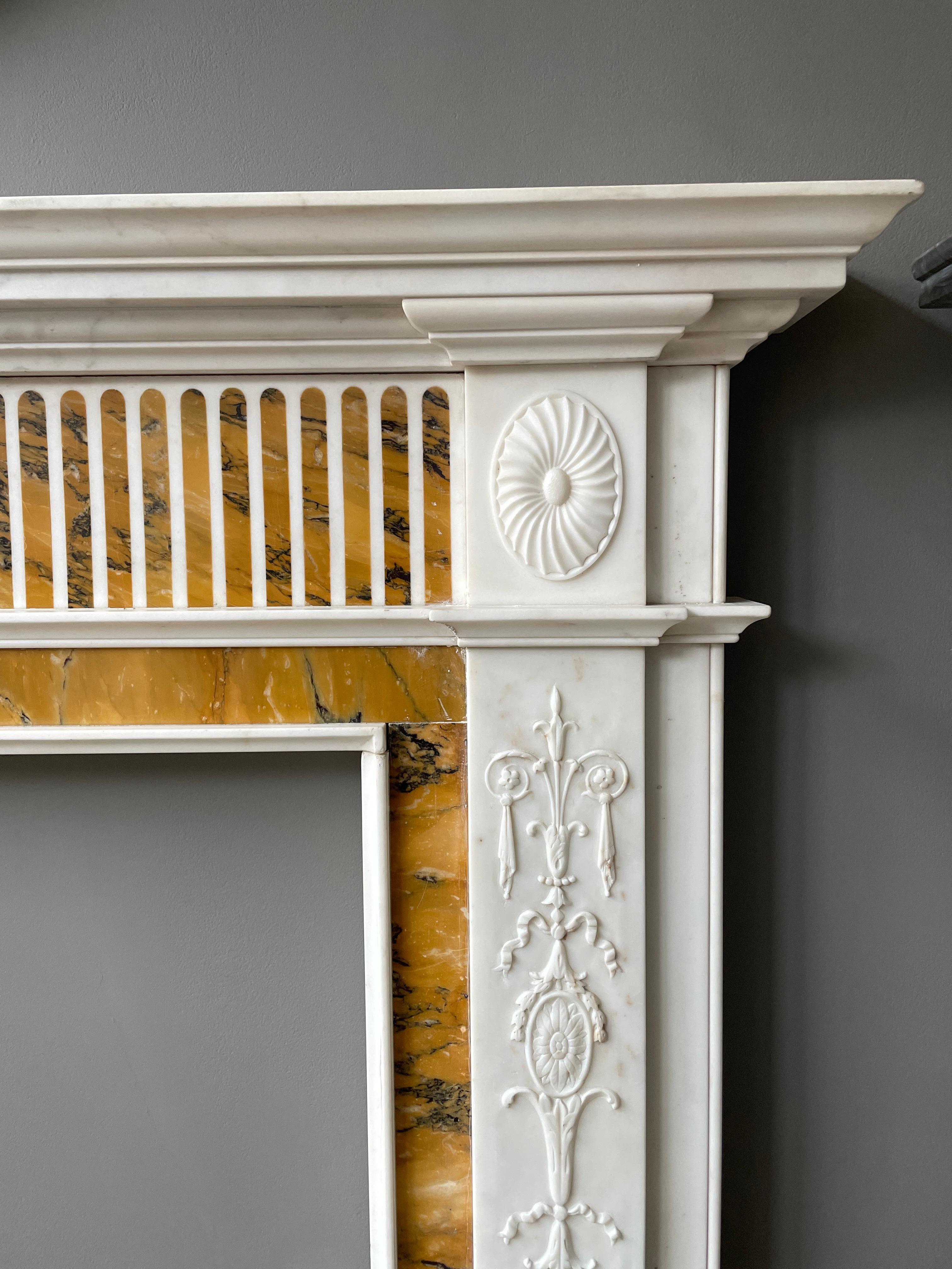 Carved 19th Century Statuary White and Sienna Marble Neoclassical Fireplace Mantel For Sale