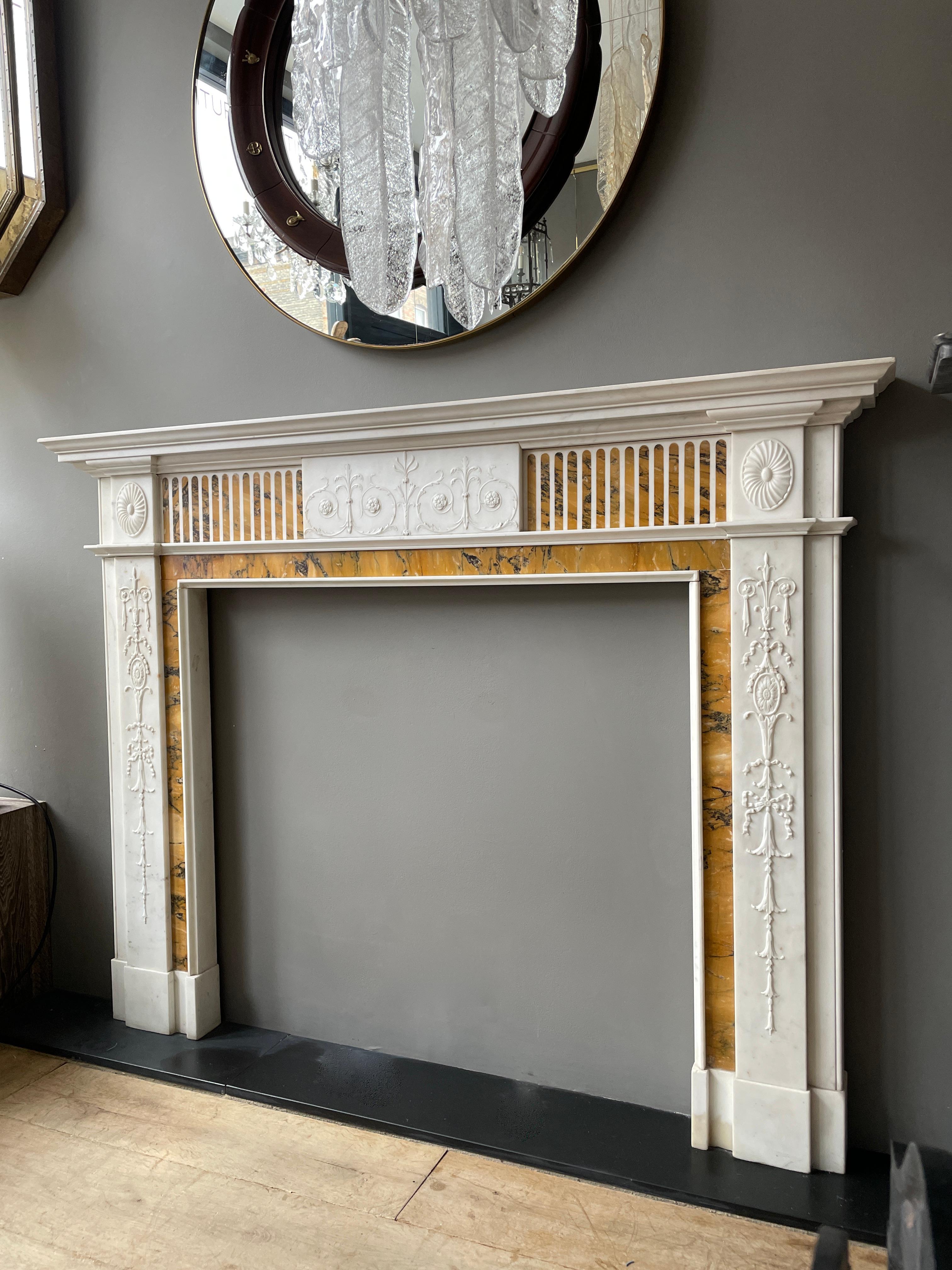 Siena Marble 19th Century Statuary White and Sienna Marble Neoclassical Fireplace Mantel For Sale