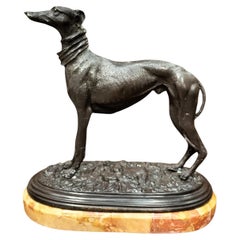 Estatua del siglo XIX de un galgo en bronce, al estilo de Pierre Jules Mêne