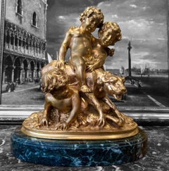 19th Century Statue of Children Playing with a Lioness in Gilt Bronze