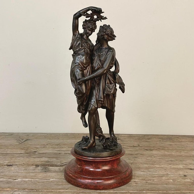 19th Century Statue of Lovers in Spelter on Faux Marble For Sale at 1stDibs