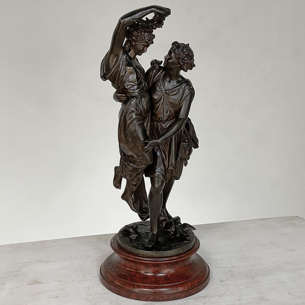 Belle Époque 19th Century Statue of Lovers in Spelter on Faux Marble For Sale