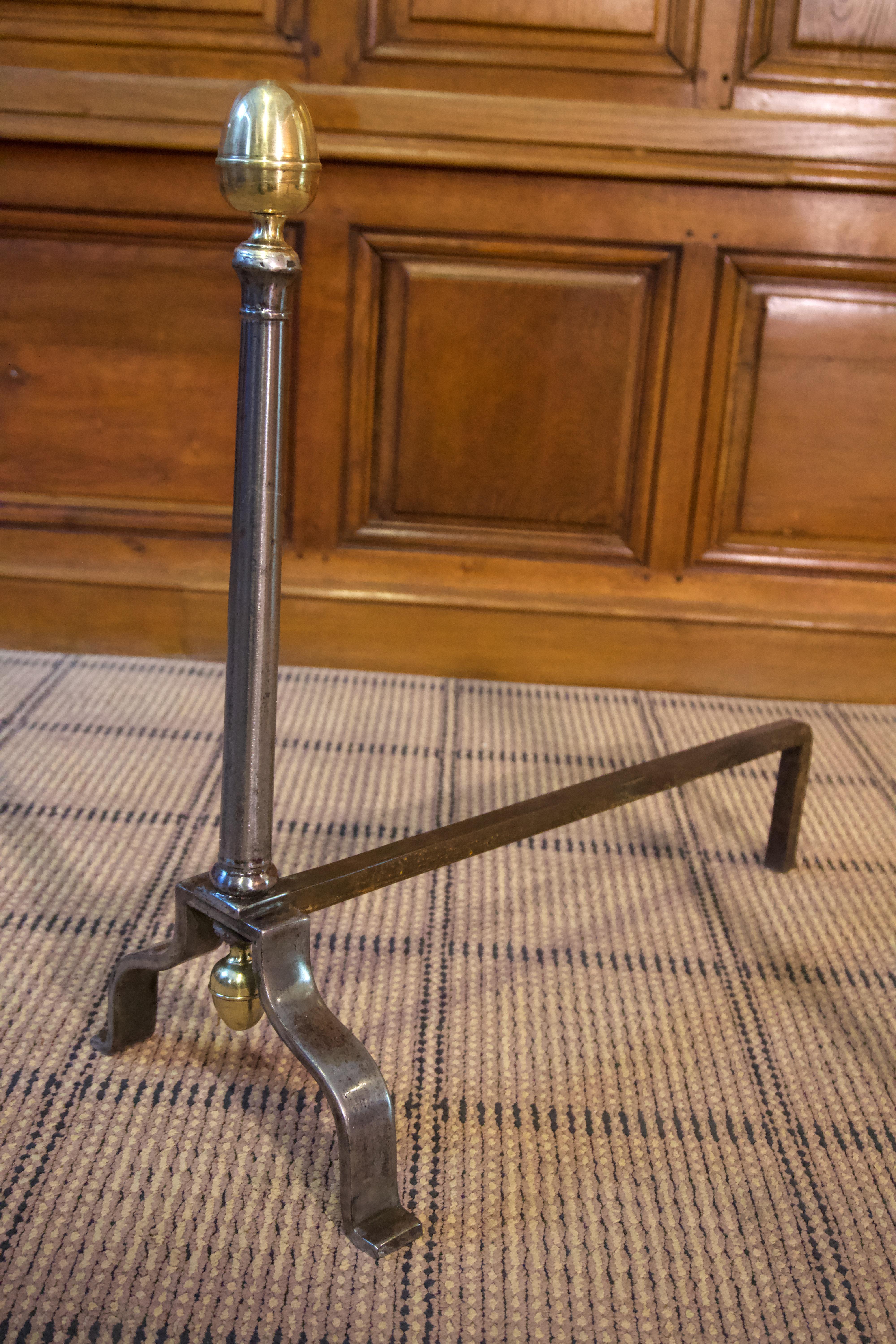 19th century steel andirons with brass finials.