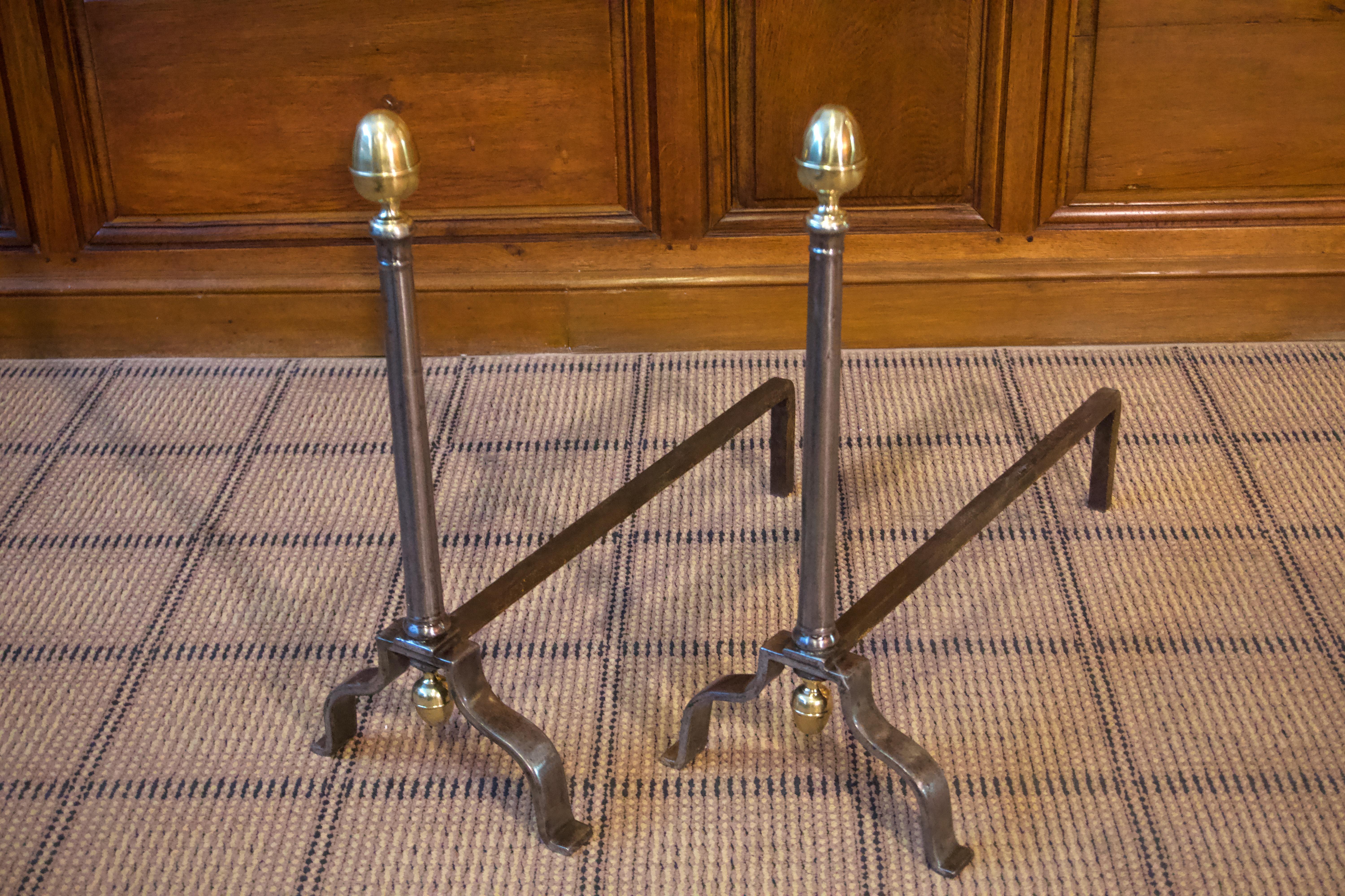 Industrial 19th Century Steel Andirons with Brass Finials