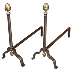 19th Century Steel Andirons with Brass Finials