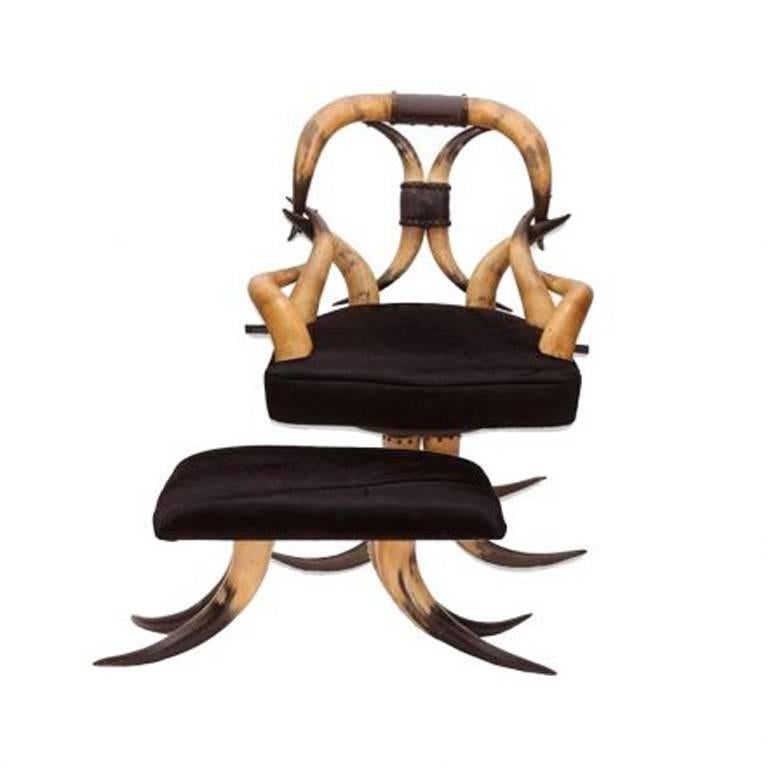 19th Century Steer Horn Chair Upholstered in Ralph Lauren Black Velvet For Sale 1