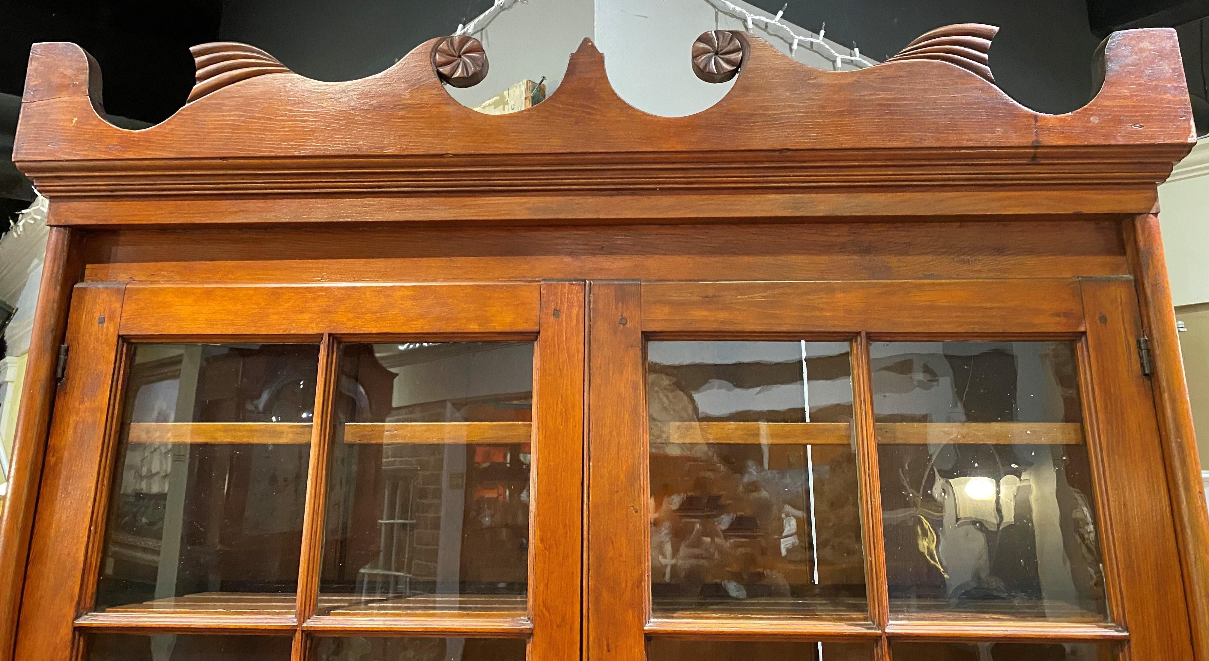 Hand-Carved 19th Century Stepback Cupboard with Glazed Doors & Unusual Carved Cornice