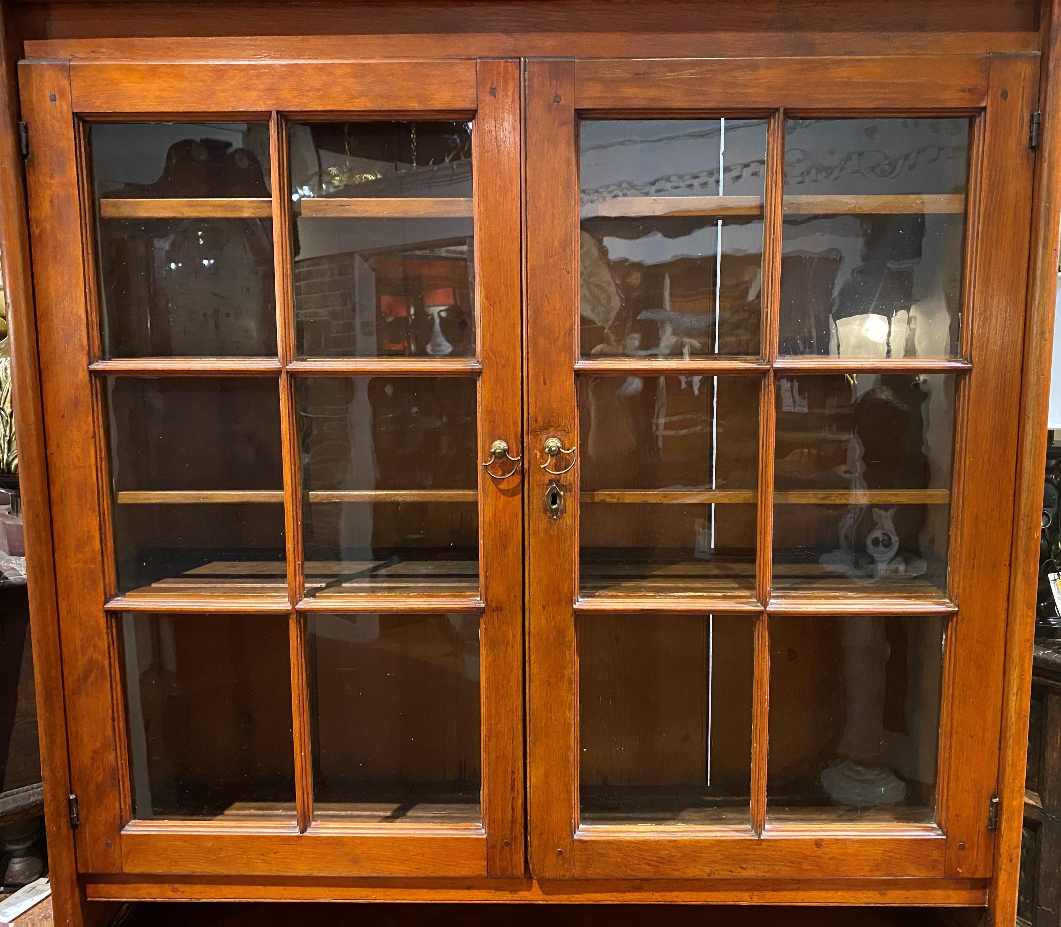 19th Century Stepback Cupboard with Glazed Doors & Unusual Carved Cornice In Good Condition In Milford, NH