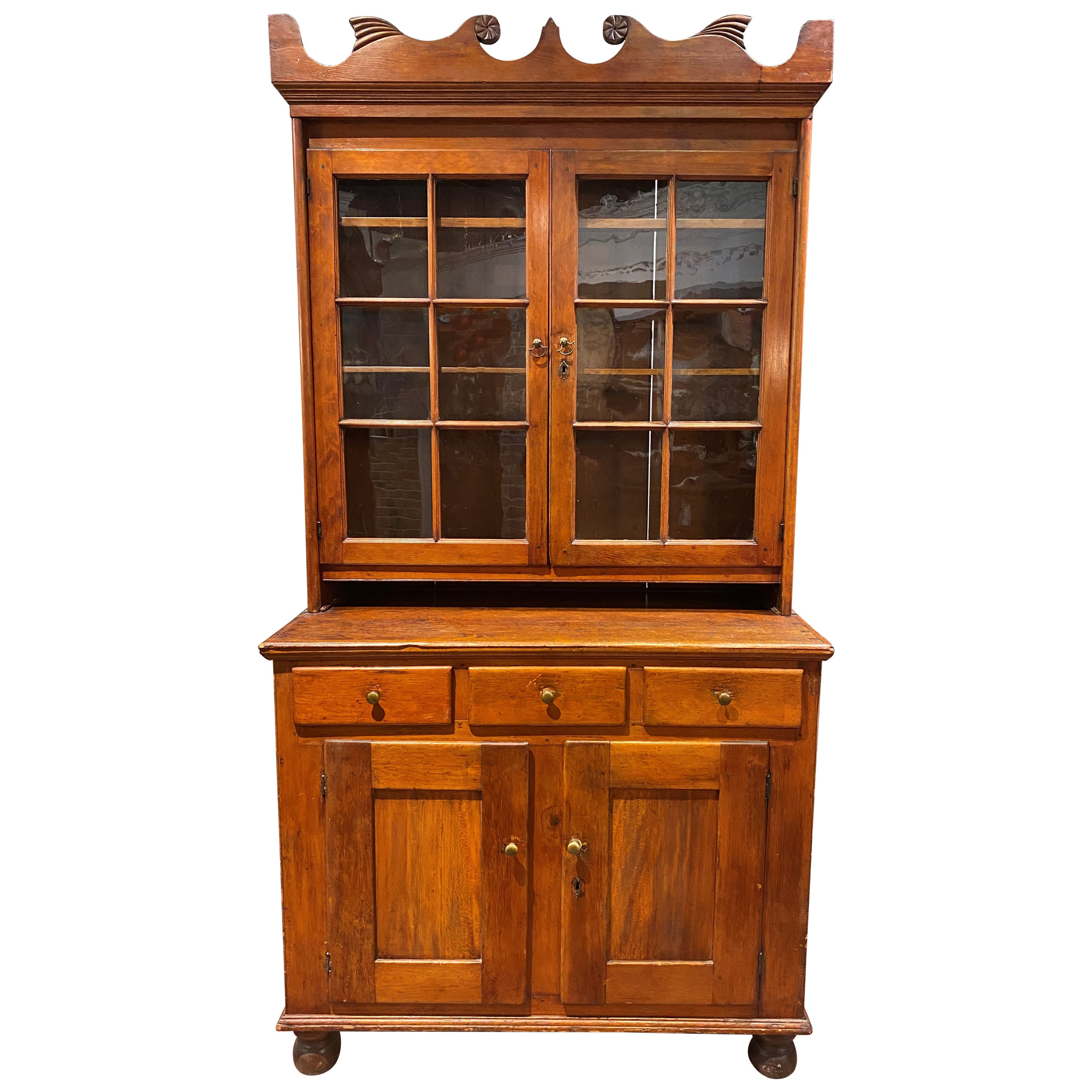 19th Century Stepback Cupboard with Glazed Doors 
Unusual Carved Cornice