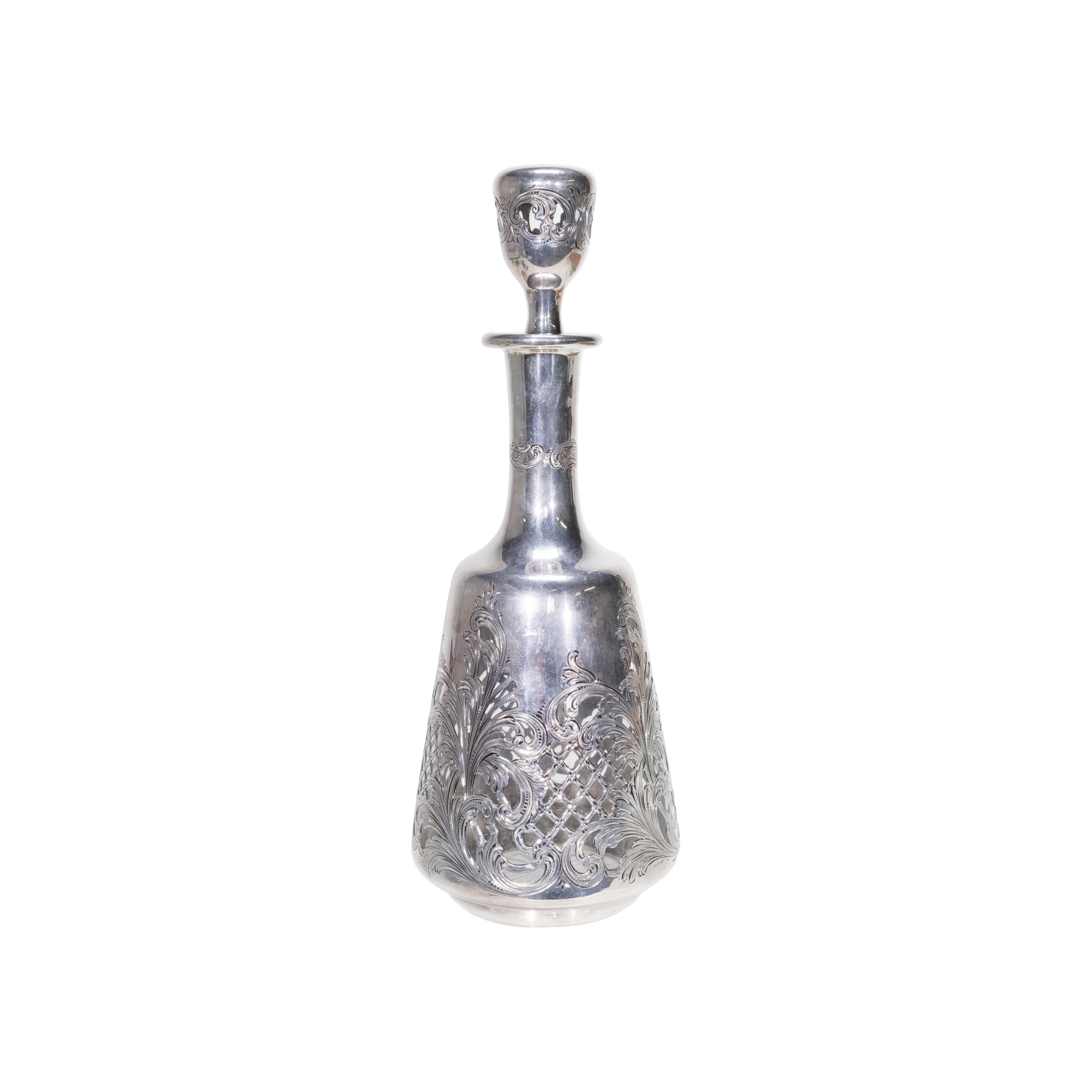 Art Nouveau 19th Century Sterling and Glass Decanter For Sale
