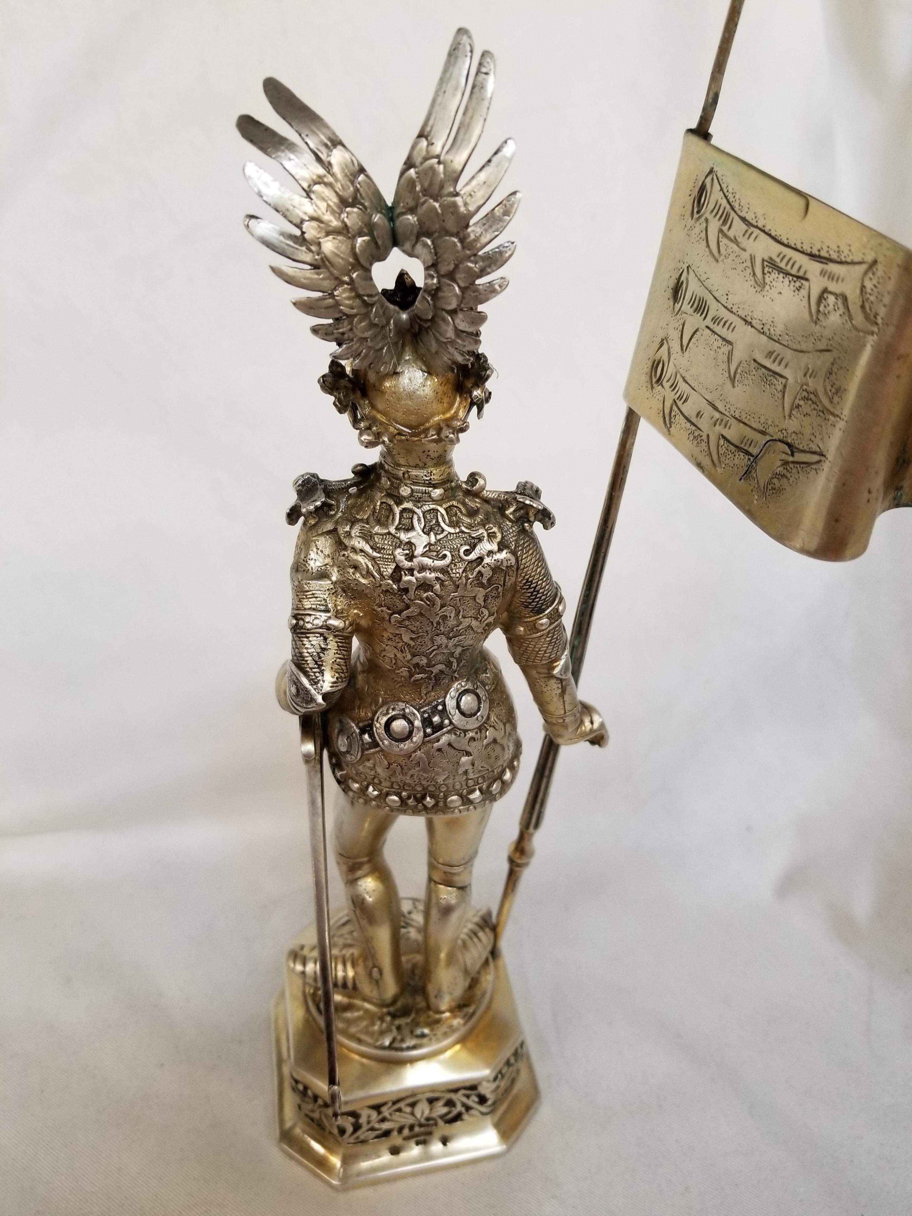American 19th Century Sterling and Vermeil Silver Knight with Staff Flag, Germany