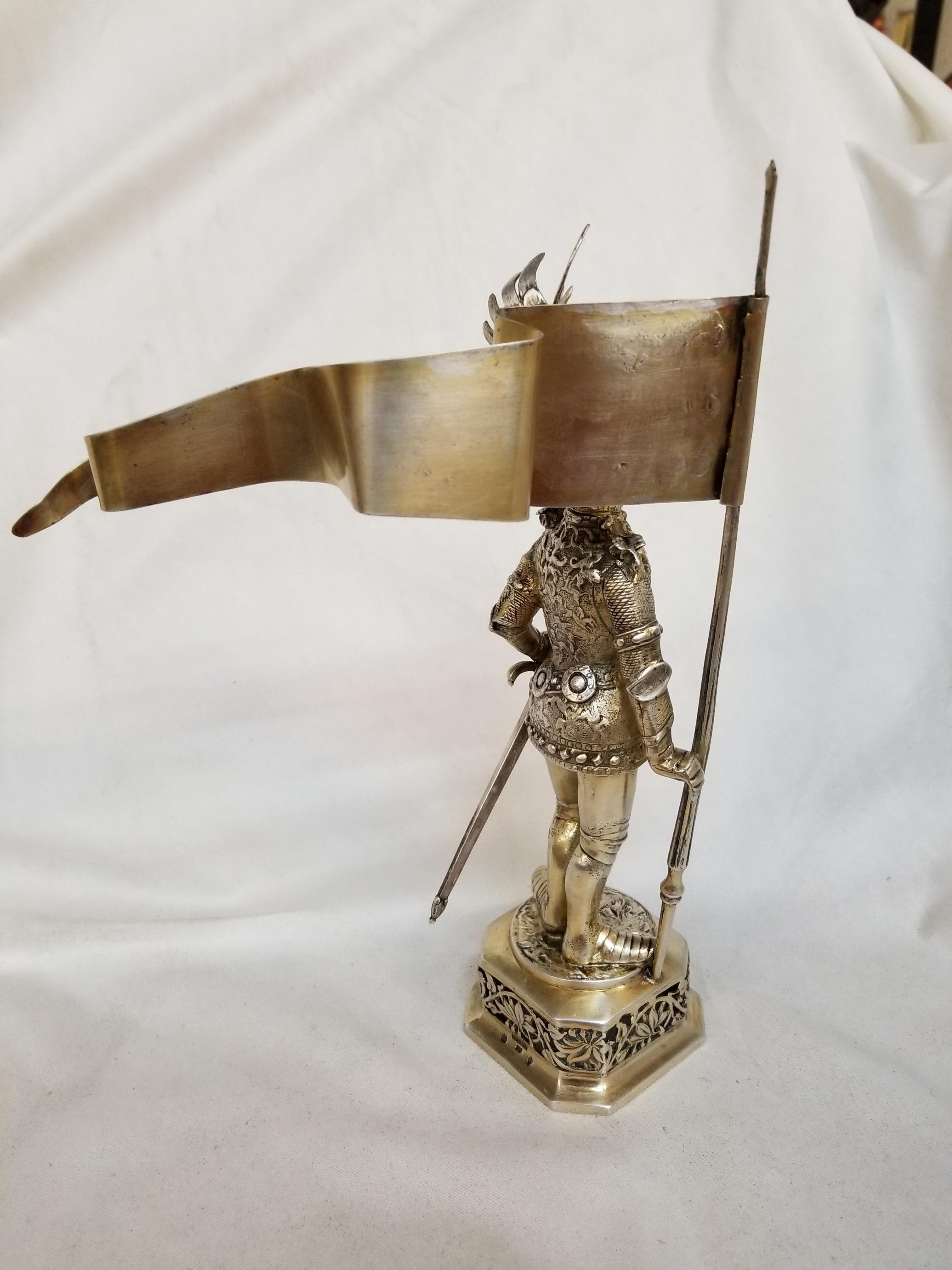 19th Century Sterling and Vermeil Silver Knight with Staff Flag, Germany In Excellent Condition In Van Nuys, CA