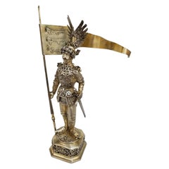 19th Century Sterling and Vermeil Silver Knight with Staff Flag, Germany