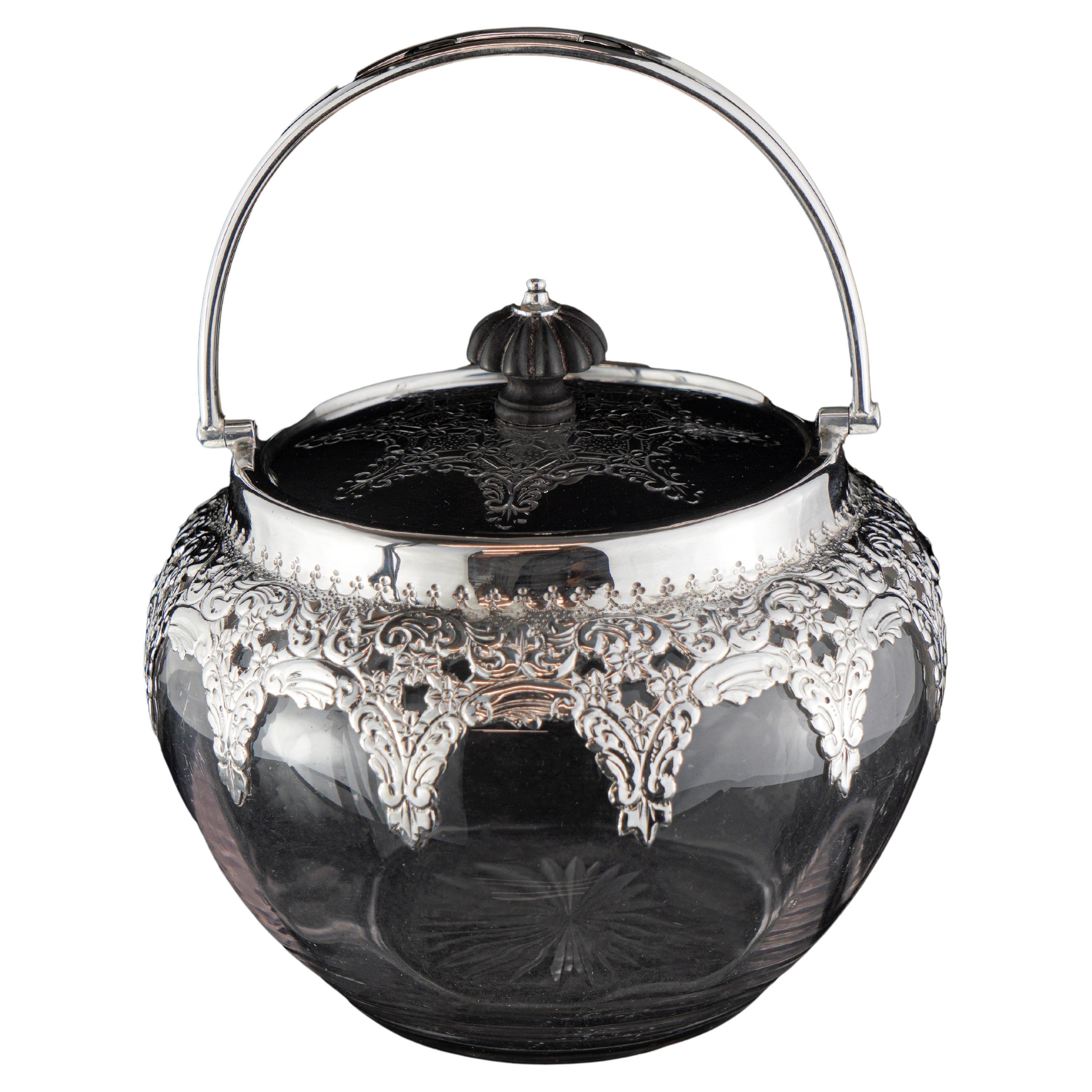 19th Century Sterling Silver and Glass Cookie Jar/Caddy For Sale