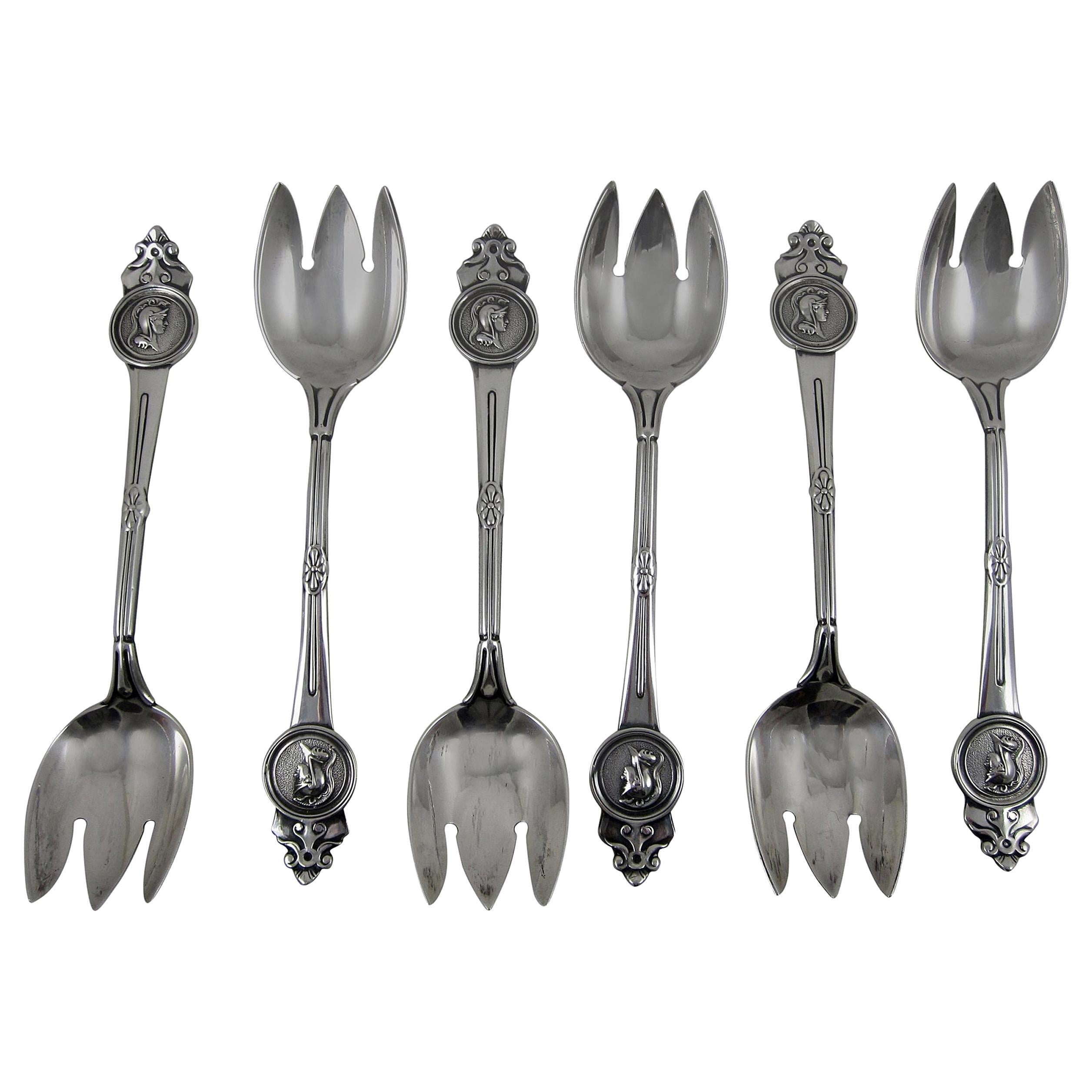 19th Century Sterling Silver Armorial Ice Cream Forks, Gorham Medallion Set of 6 For Sale