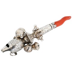 Antique 19th Century Sterling Silver Baby Rattle and Whistle Coral Birmingham, 1852