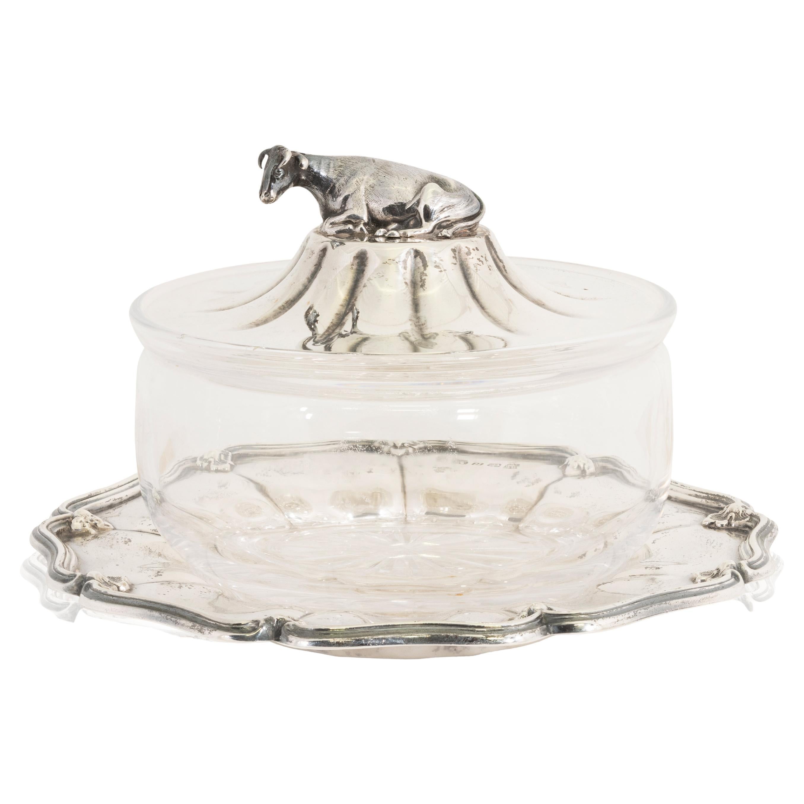 19th Century Sterling Silver Butter Dish with Cow Finial