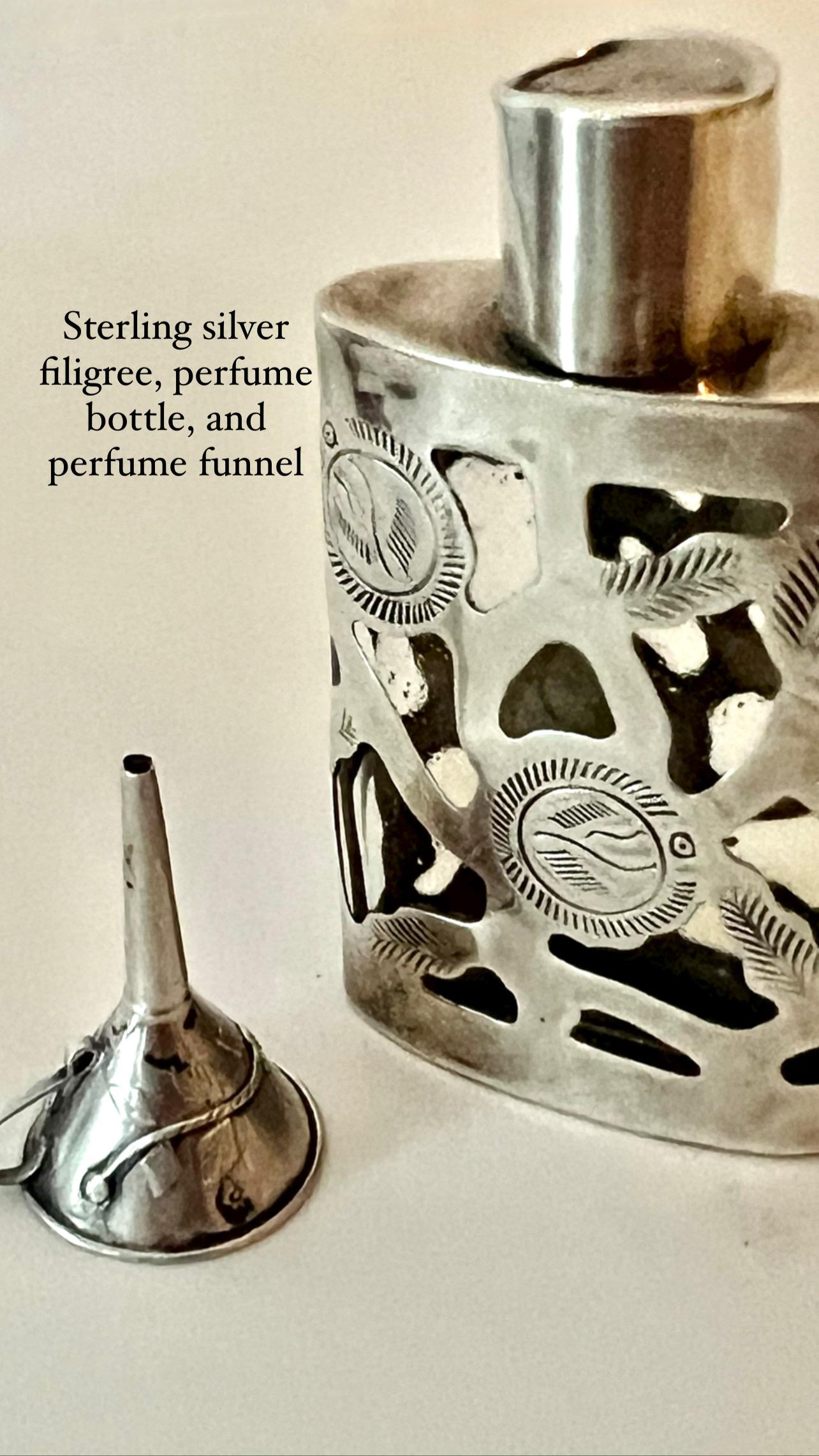 Victorian 19th Century Sterling Silver Filagree Bottle with Sterling Perfume Funnel For Sale