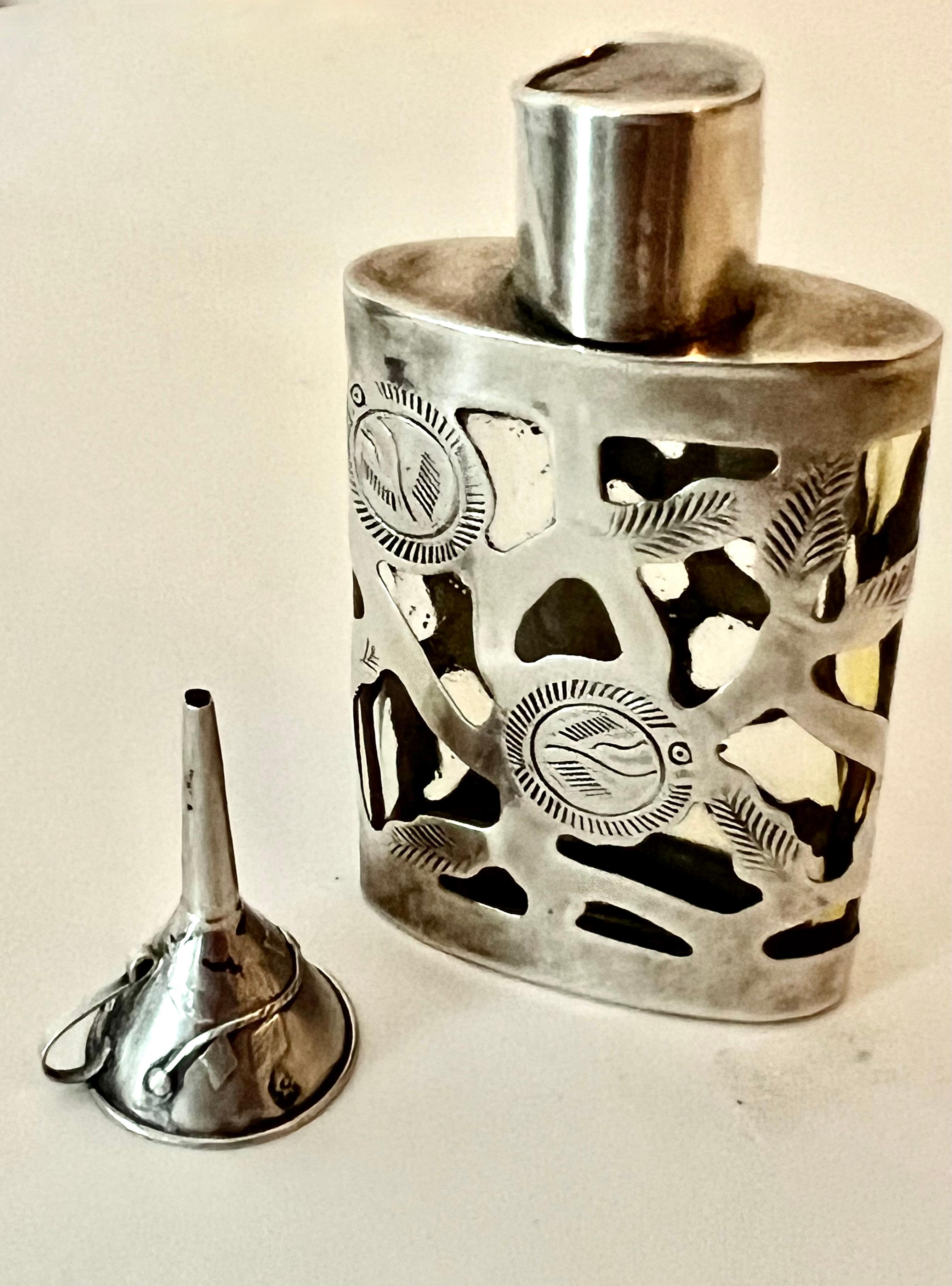 Repoussé 19th Century Sterling Silver Filagree Bottle with Sterling Perfume Funnel For Sale