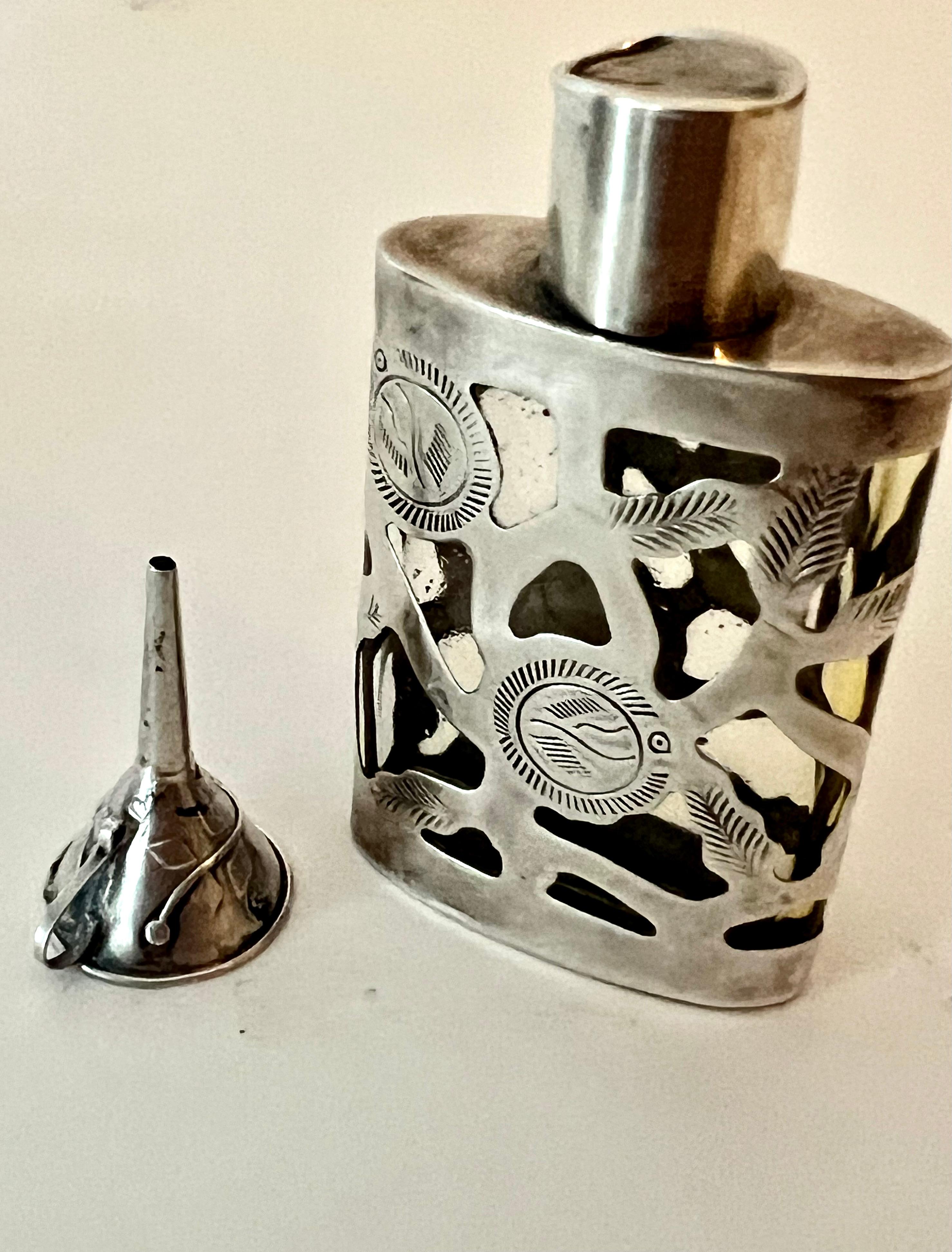 19th Century Sterling Silver Filagree Bottle with Sterling Perfume Funnel In Good Condition For Sale In Los Angeles, CA