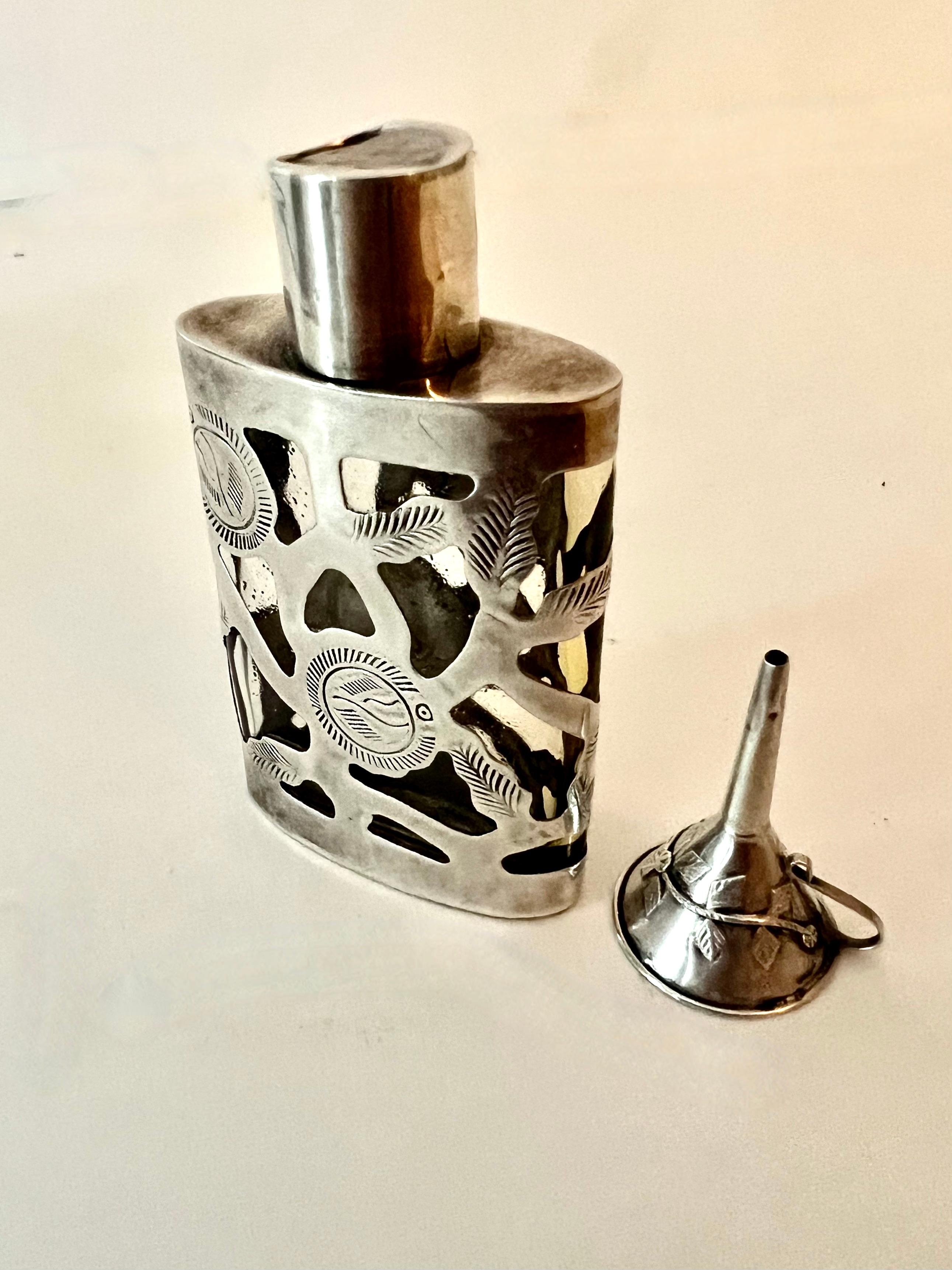 19th Century Sterling Silver Filagree Bottle with Sterling Perfume Funnel For Sale 1