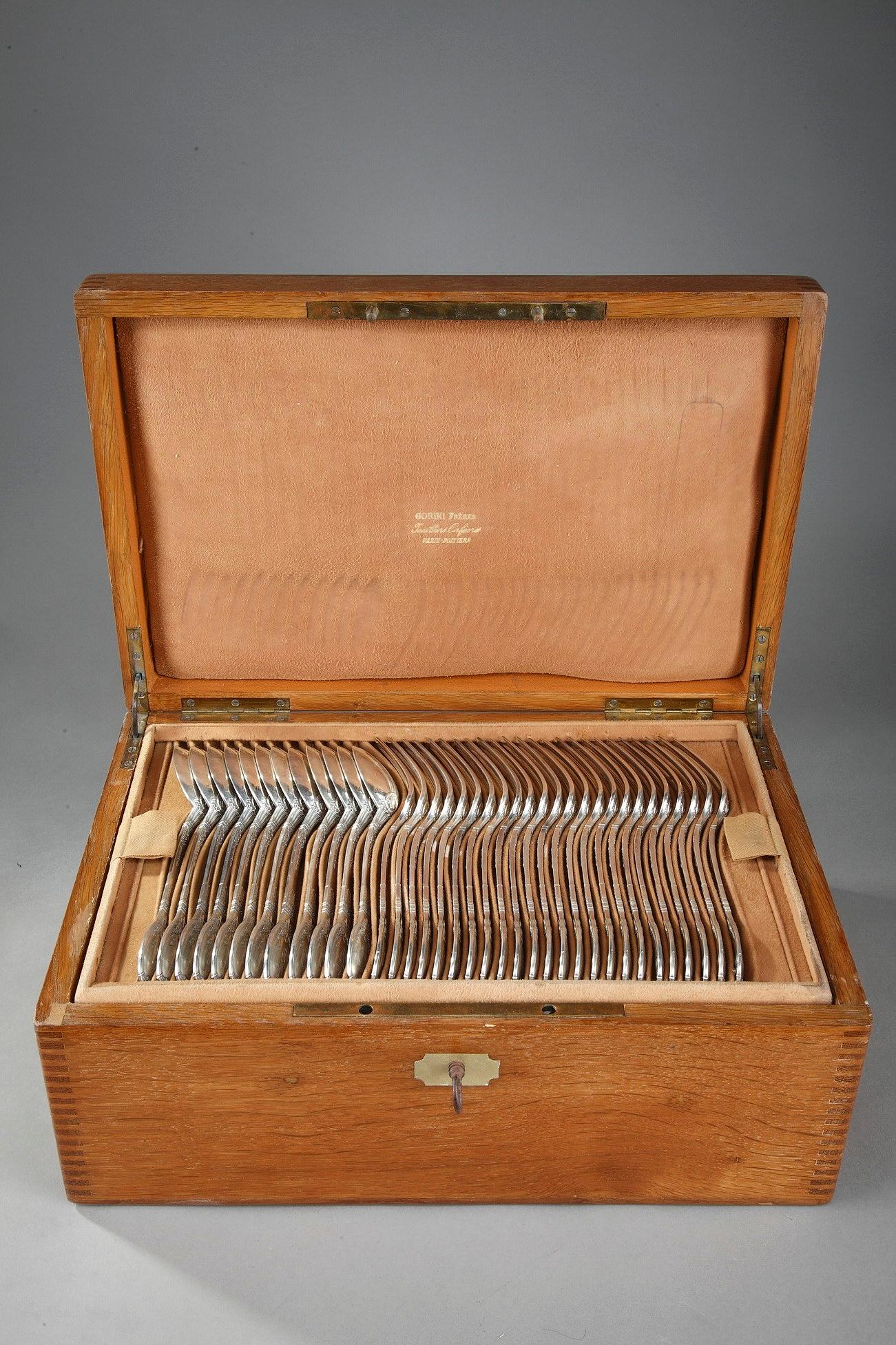 Neoclassical Sterling Silver Flatware by Lappara & Gabriel in a case by Gorini Frères For Sale