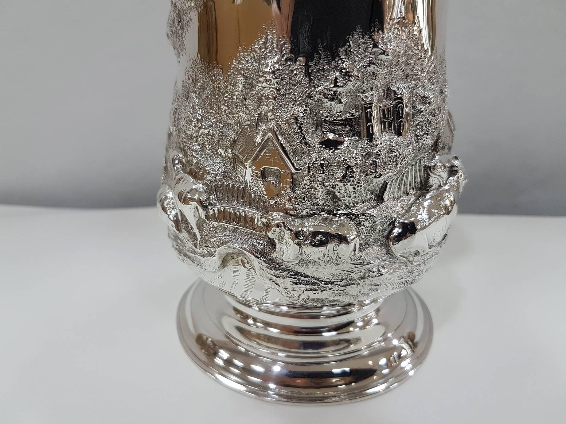 English 19th Century Sterling Silver Footed Tankard with Countryside Scene, circa 1748