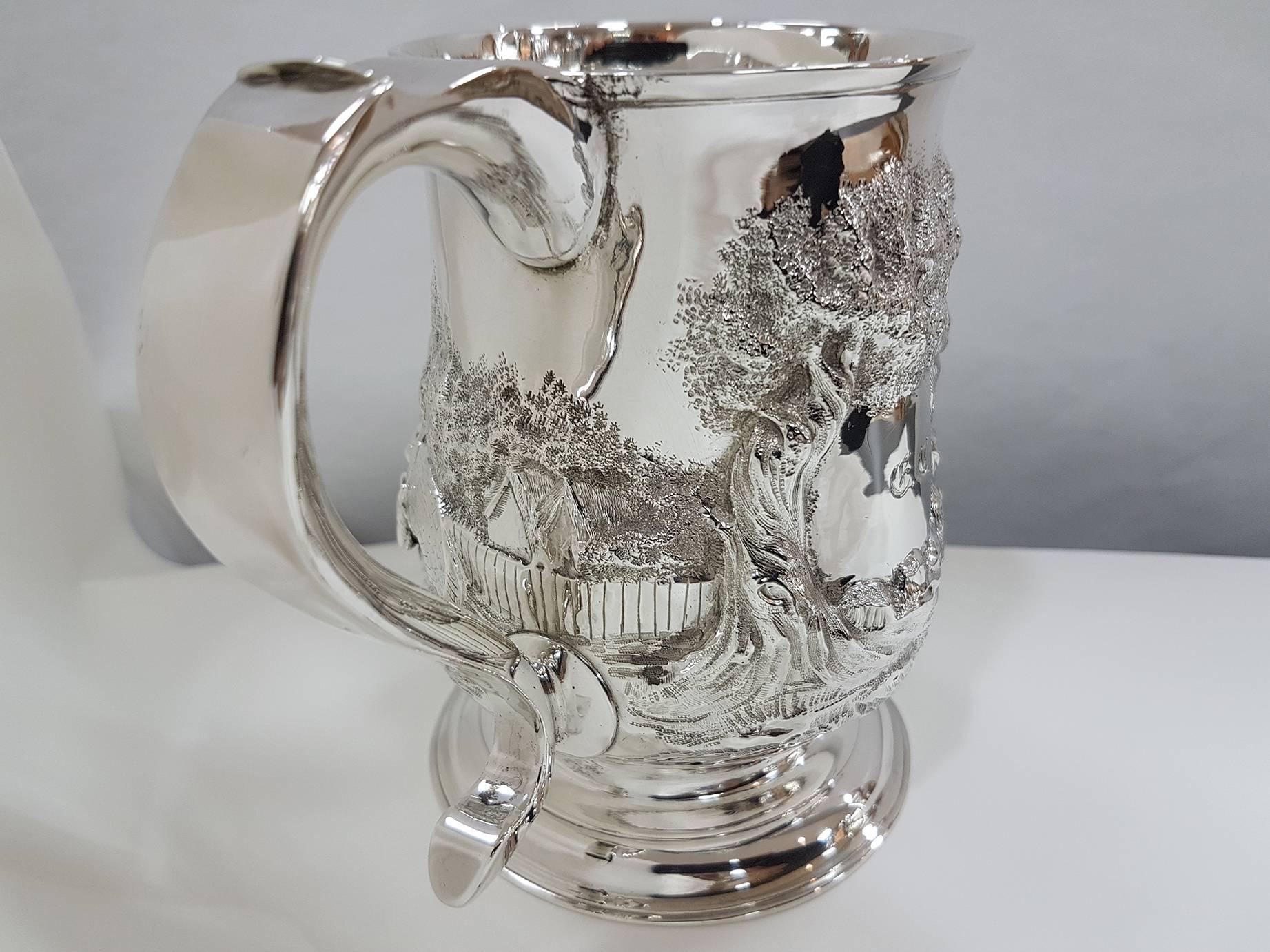 19th Century Sterling Silver Footed Tankard with Countryside Scene, circa 1748 In Excellent Condition In VALENZA, IT