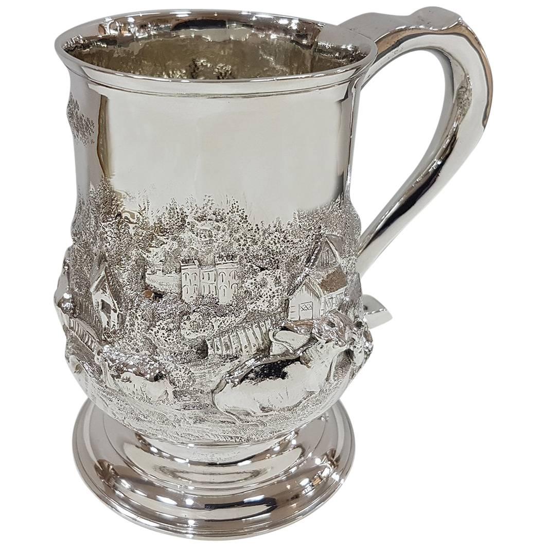 19th Century Sterling Silver Footed Tankard with Countryside Scene, circa 1748