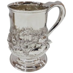 Antique 19th Century Sterling Silver Footed Tankard with Countryside Scene, circa 1748