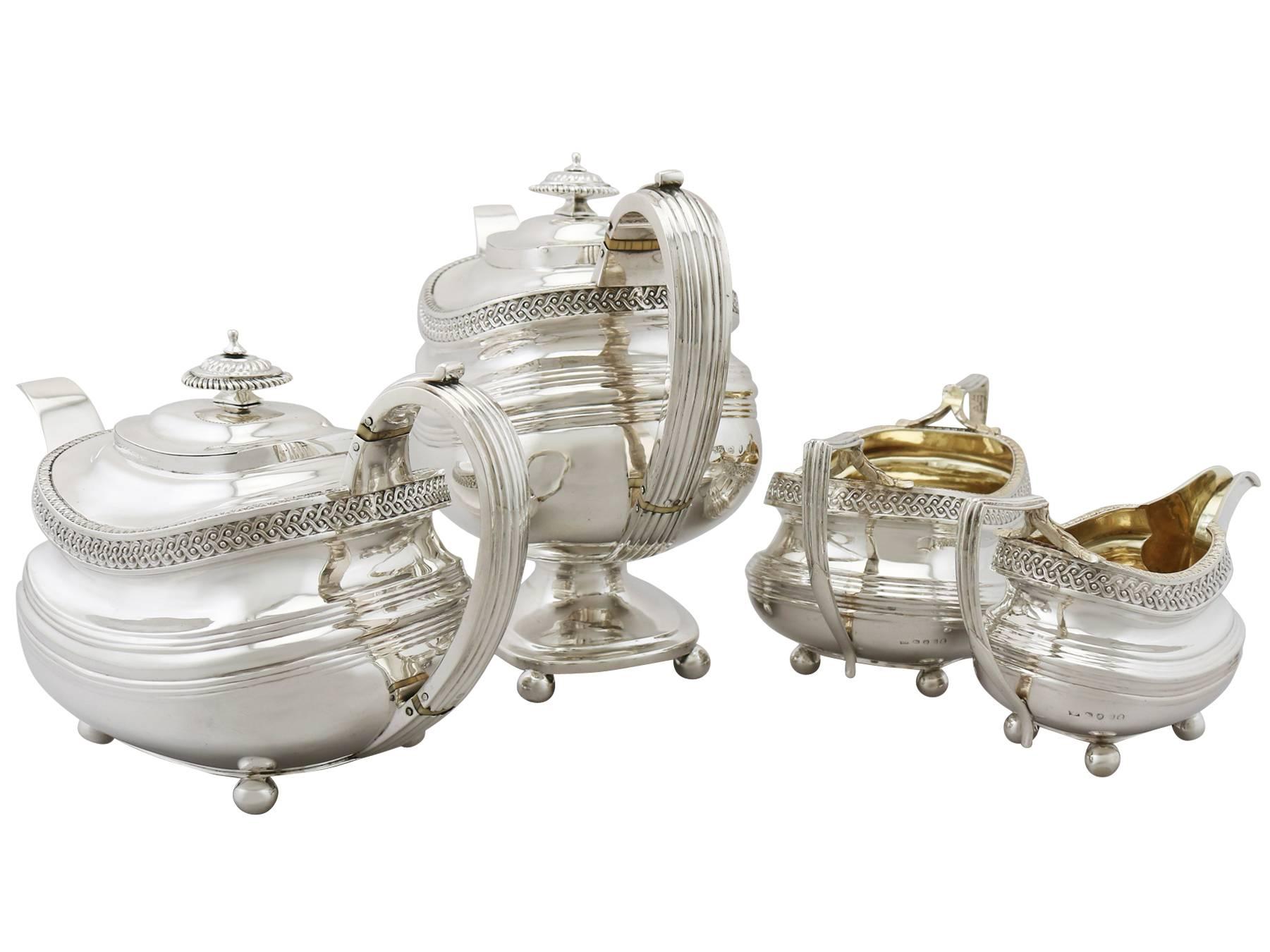An exceptional, fine and impressive antique Georgian English sterling silver four-piece tea and coffee set/service; part of our silver teaware collection.

This exceptional antique George III English sterling silver four piece tea and coffee set
