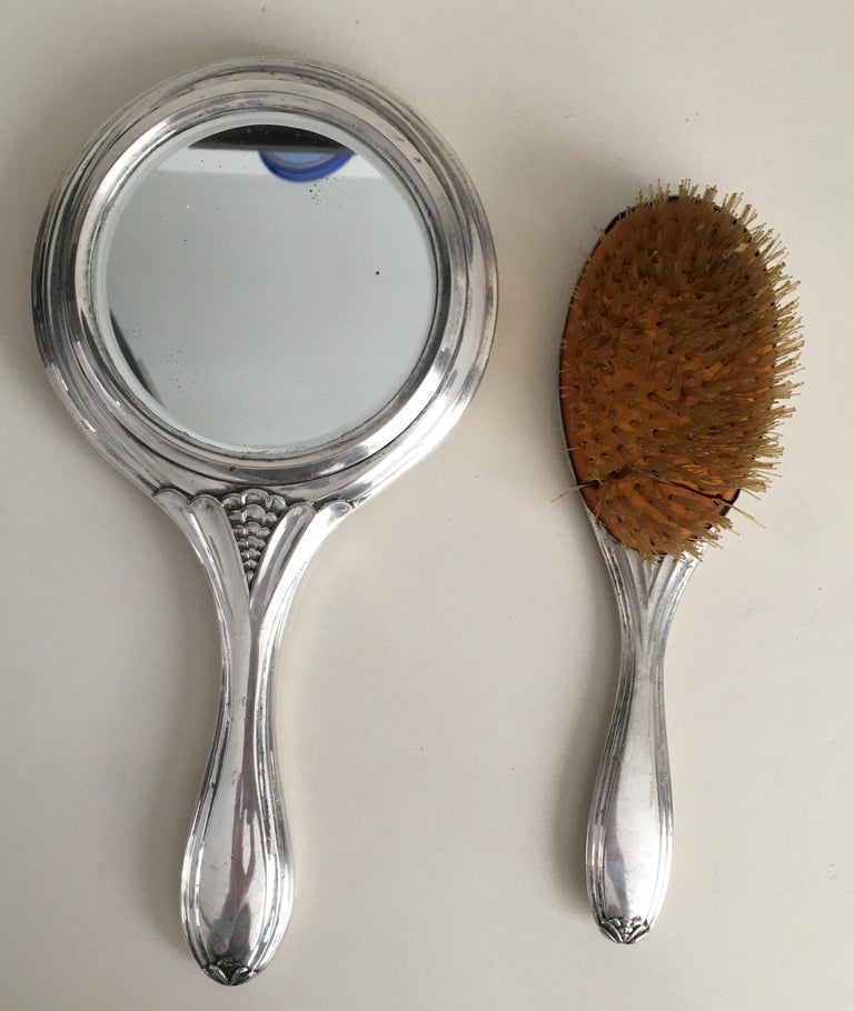 19th Century Sterling Silver Hand Mirror and Hair Brush For Sale at 1stDibs
