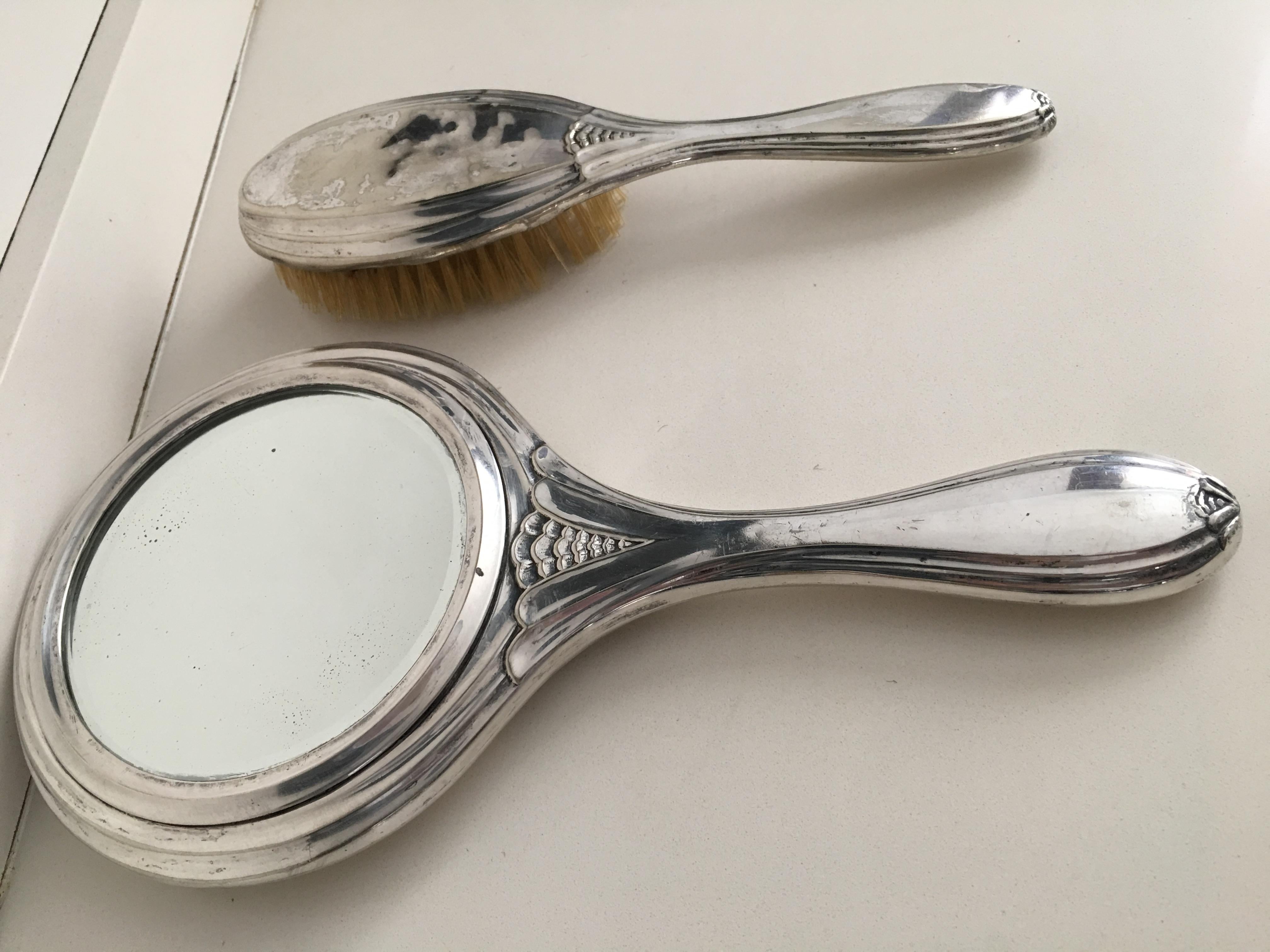 Victorian 19th Century Sterling Silver Hand Mirror and Hair Brush For Sale