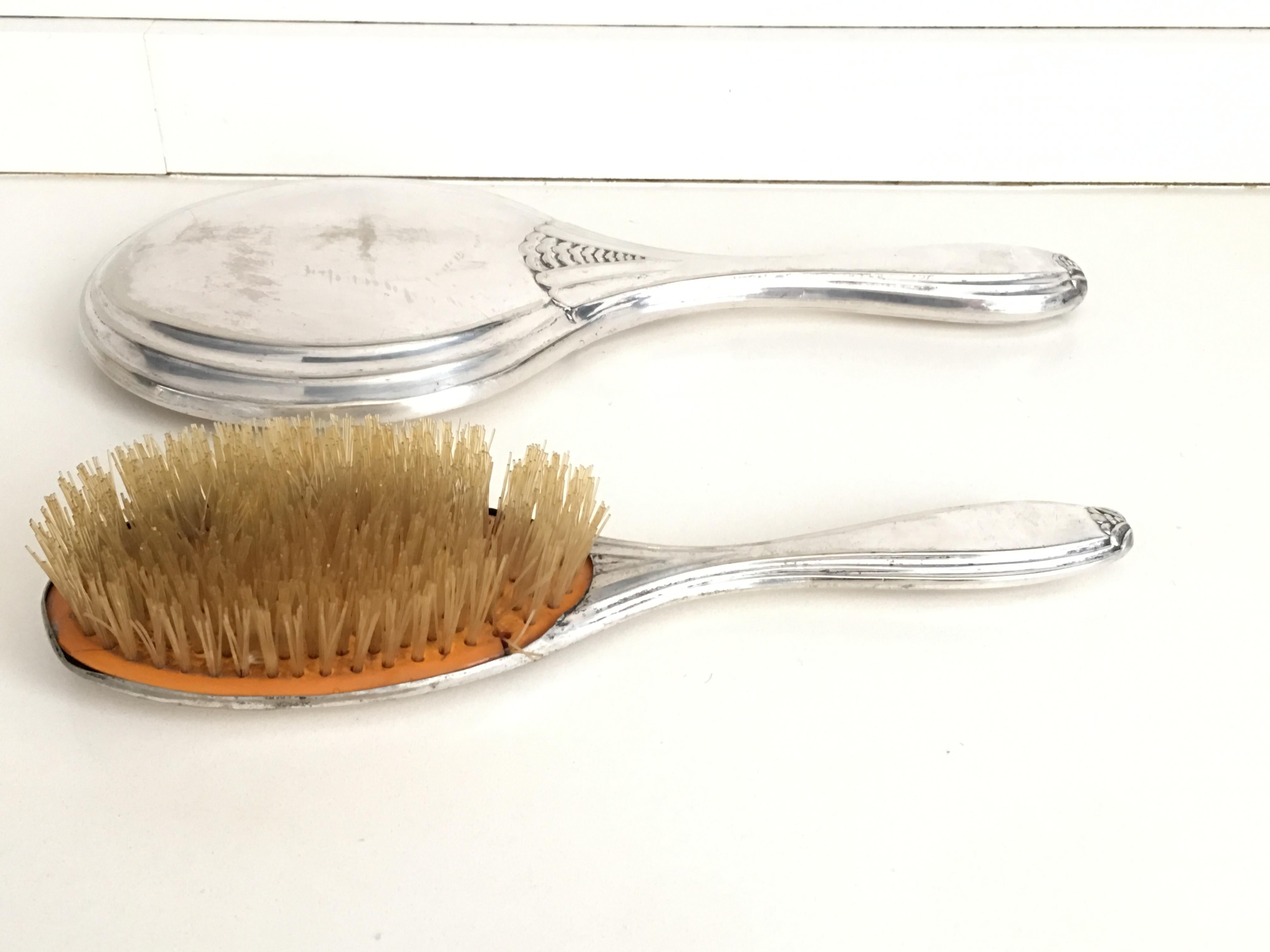 French 19th Century Sterling Silver Hand Mirror and Hair Brush For Sale