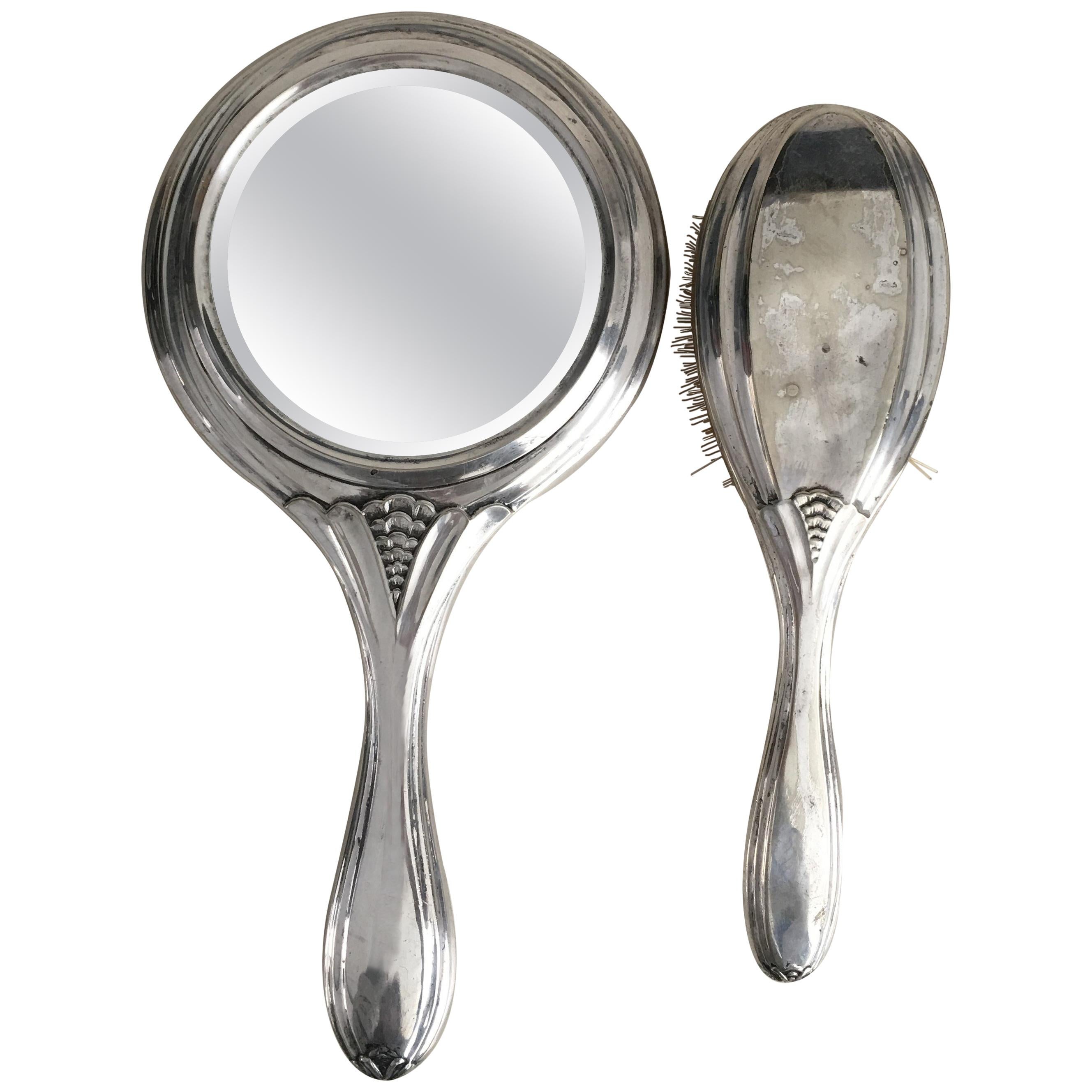 19th Century Sterling Silver Hand Mirror and Hair Brush