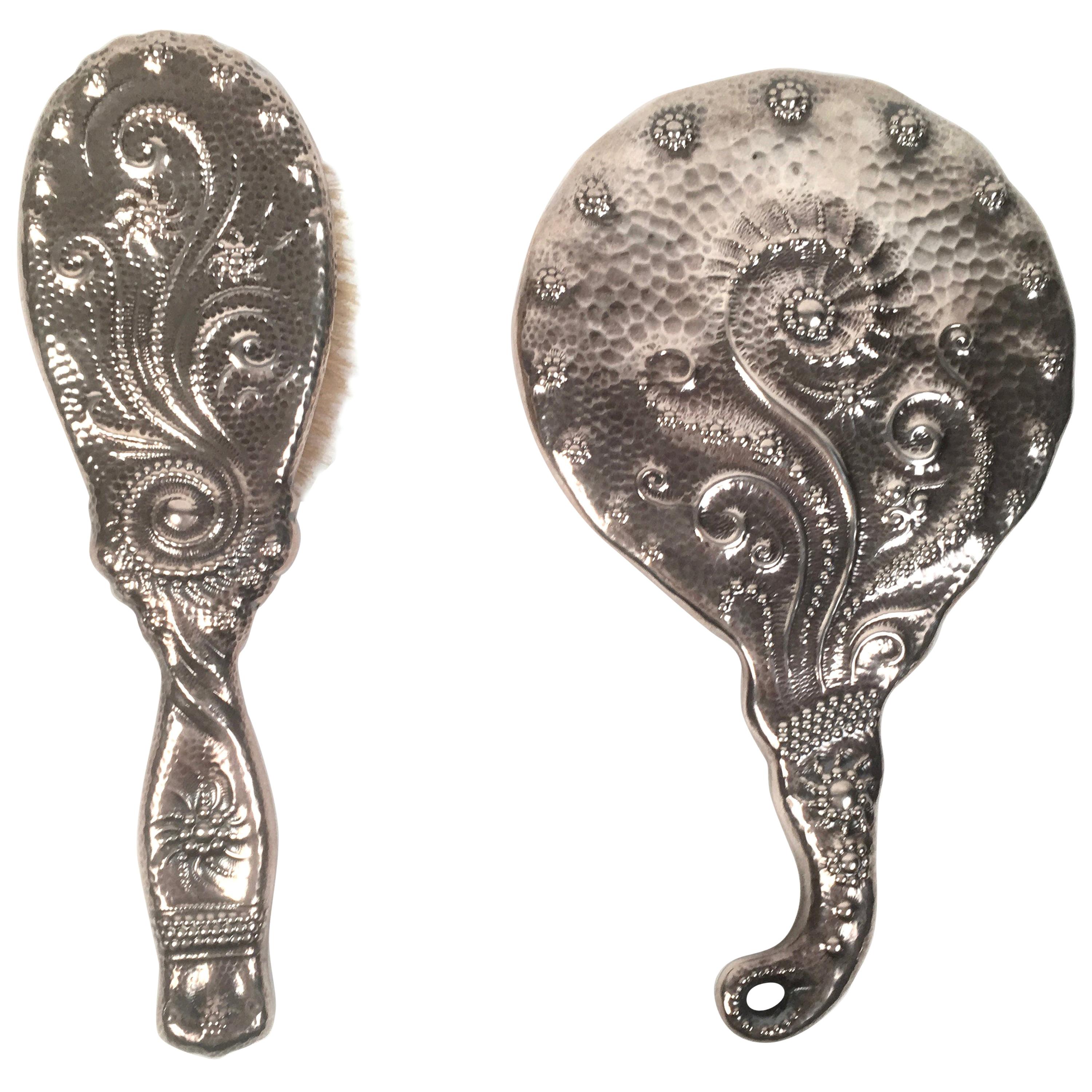 19th Century Sterling Silver Hand Mirror and Hair Brush w