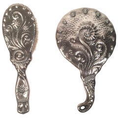 Antique 19th Century Sterling Silver Hand Mirror and Hair Brush w