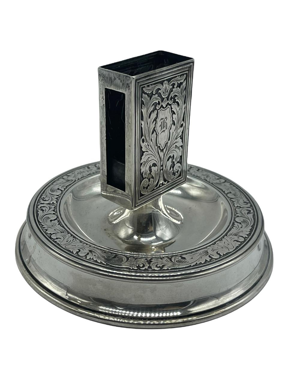 19th Century Sterling Silver Match Box Holder and Ashtray Stand by Tiffany & Co In Fair Condition For Sale In North Miami, FL