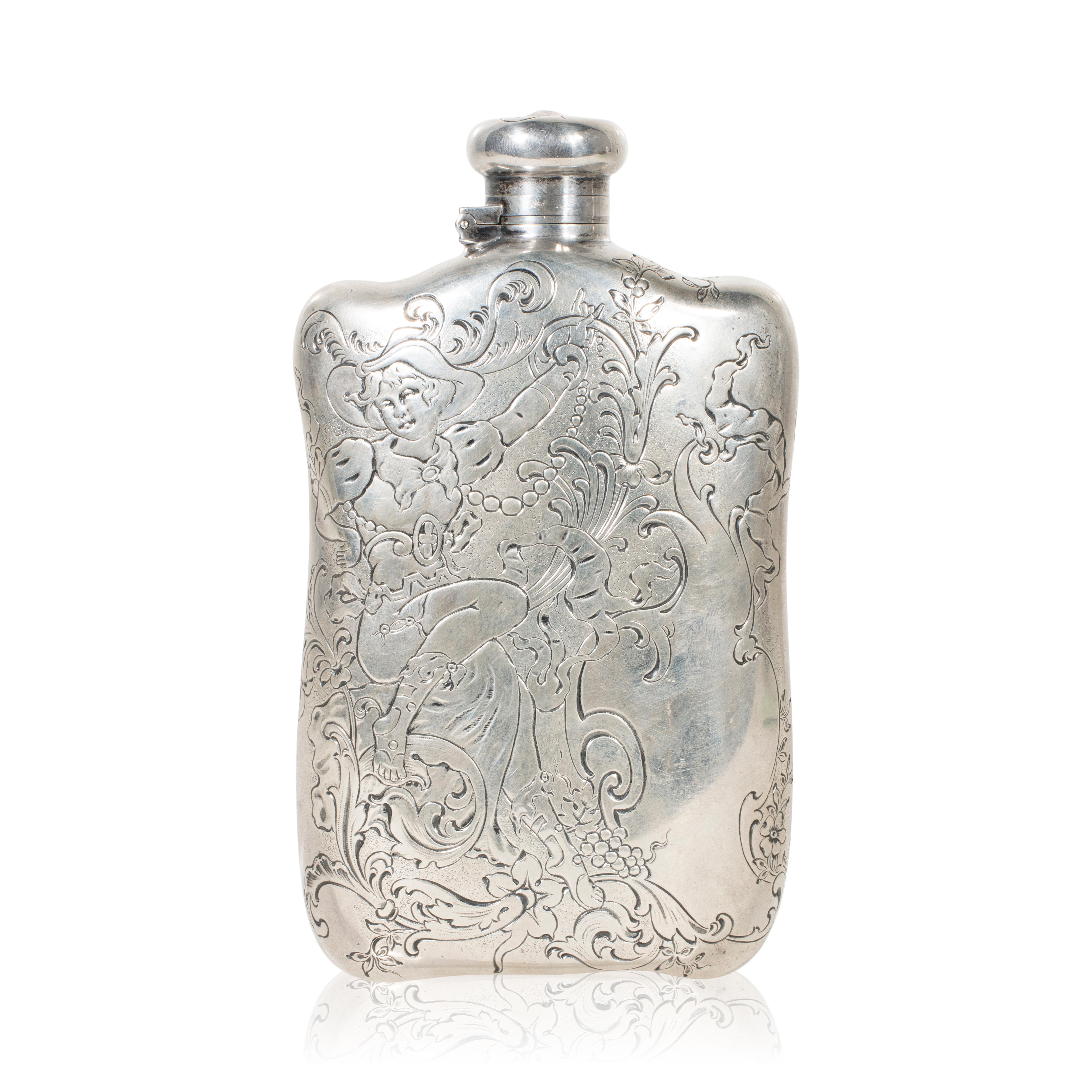 Tiffany & Co. sterling silver flask. Engraved with a portrait of a young woman in fashionable dress resting among foliate sprays. New York, Circa 1891 - 1902. 5 3/4
