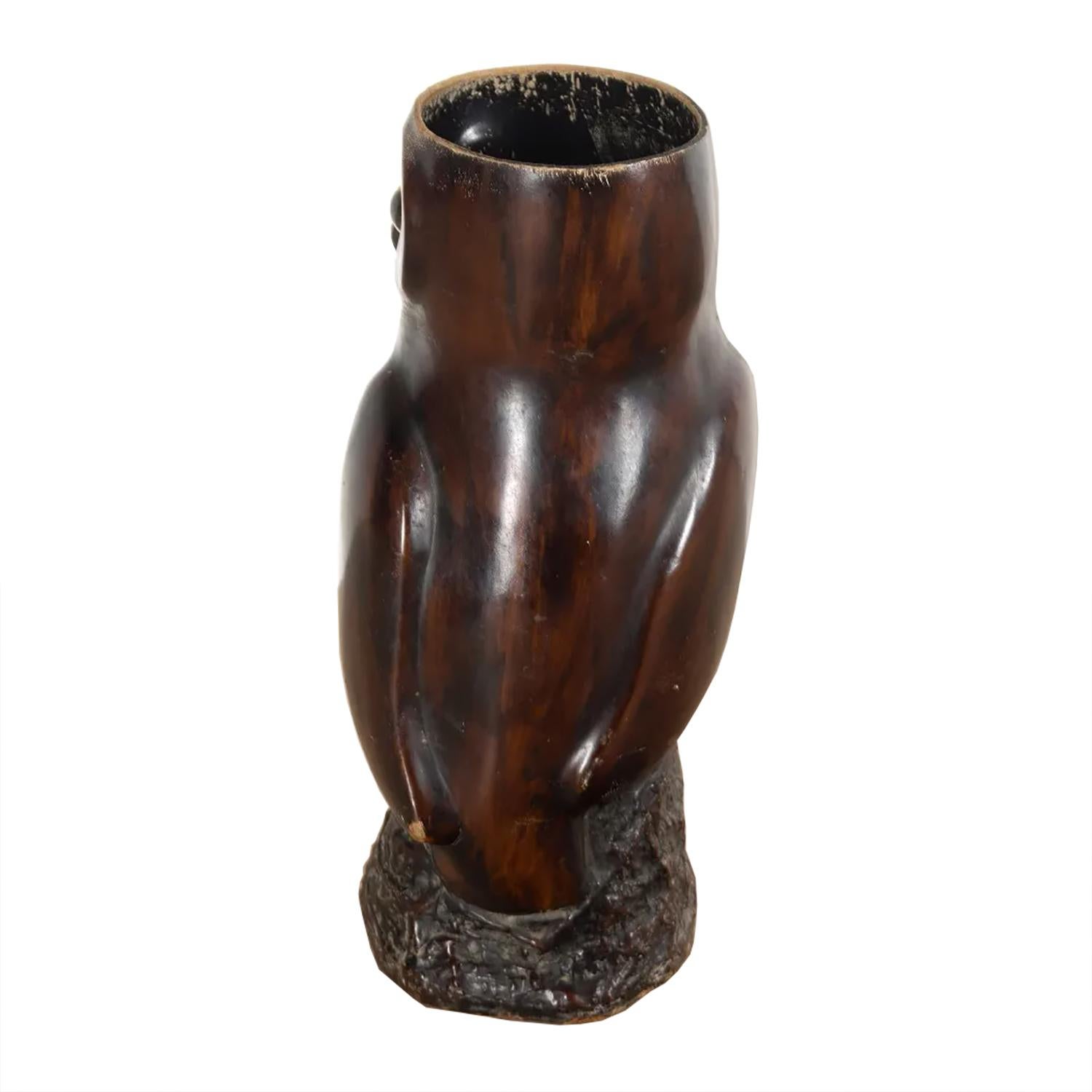 A decorative carved wooden stick stand in the form of an owl with glass eyes. This piece would also make a vase or a decorative display piece.