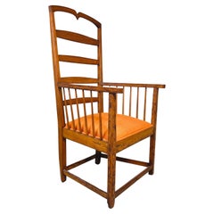 19th Century Stickley Style Distressed Oak Tall Ladder Back Armchair
