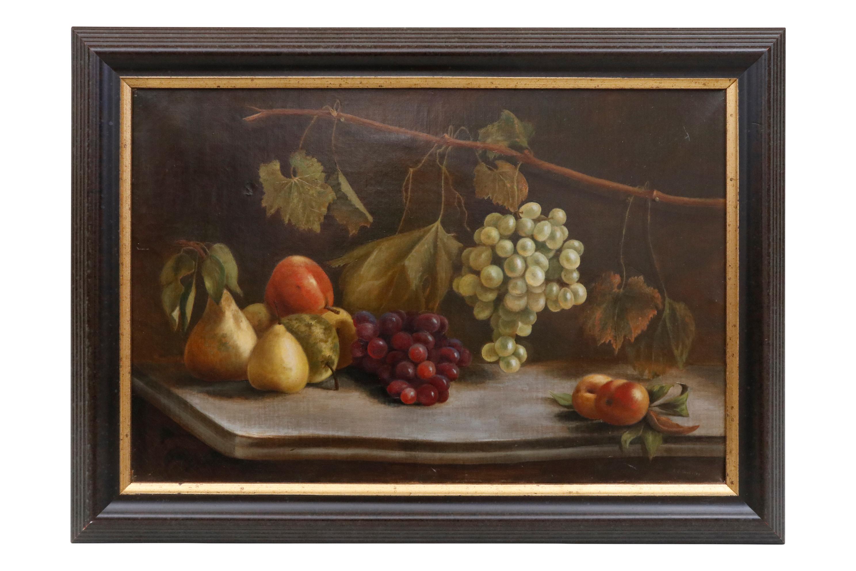 19th century still life on canvas composition of fruit on marble
Signed E.S. Webster
Canvas measures: 24 inches by 16 inches
Frame measures: 28 x 21.