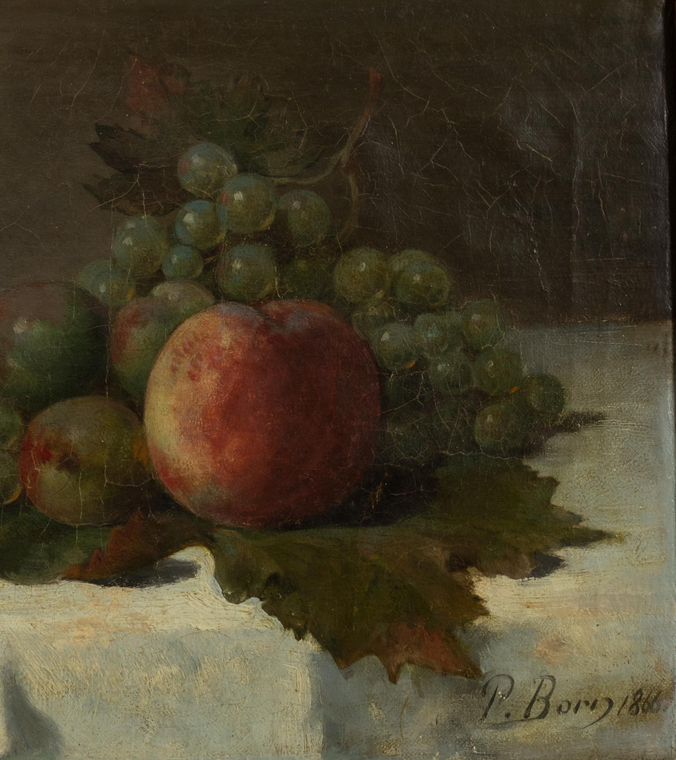 Nature morte à l'huile sur toile du 19e siècle. 
Représentation datée de 1866 de pommes et de raisins posés sur une feuille de vigne.
Signature de 