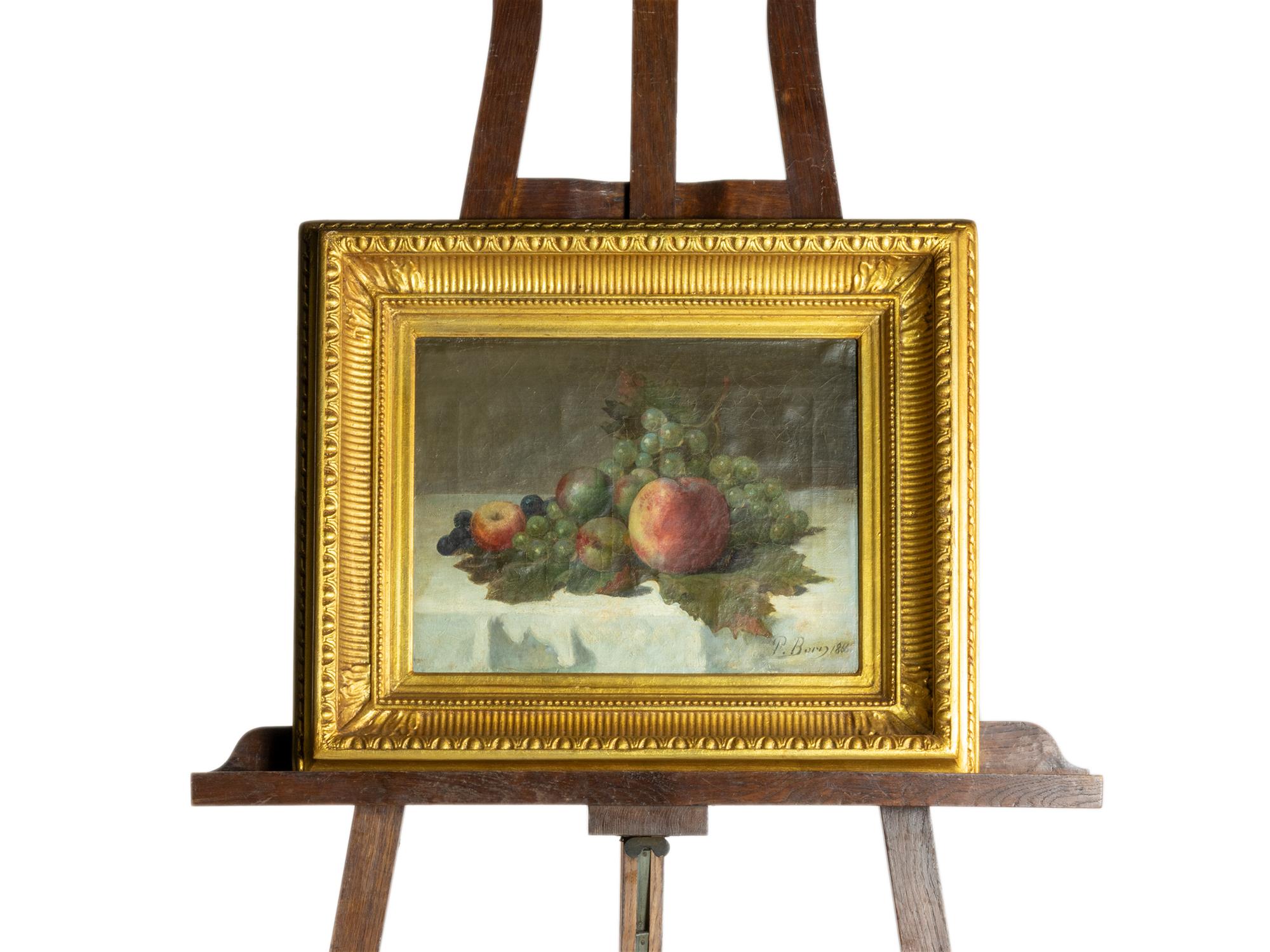 Nature morte à l'huile sur toile du 19e siècle. 
Représentation datée de 1866 de pommes et de raisins posés sur une feuille de vigne.
Signature de 
