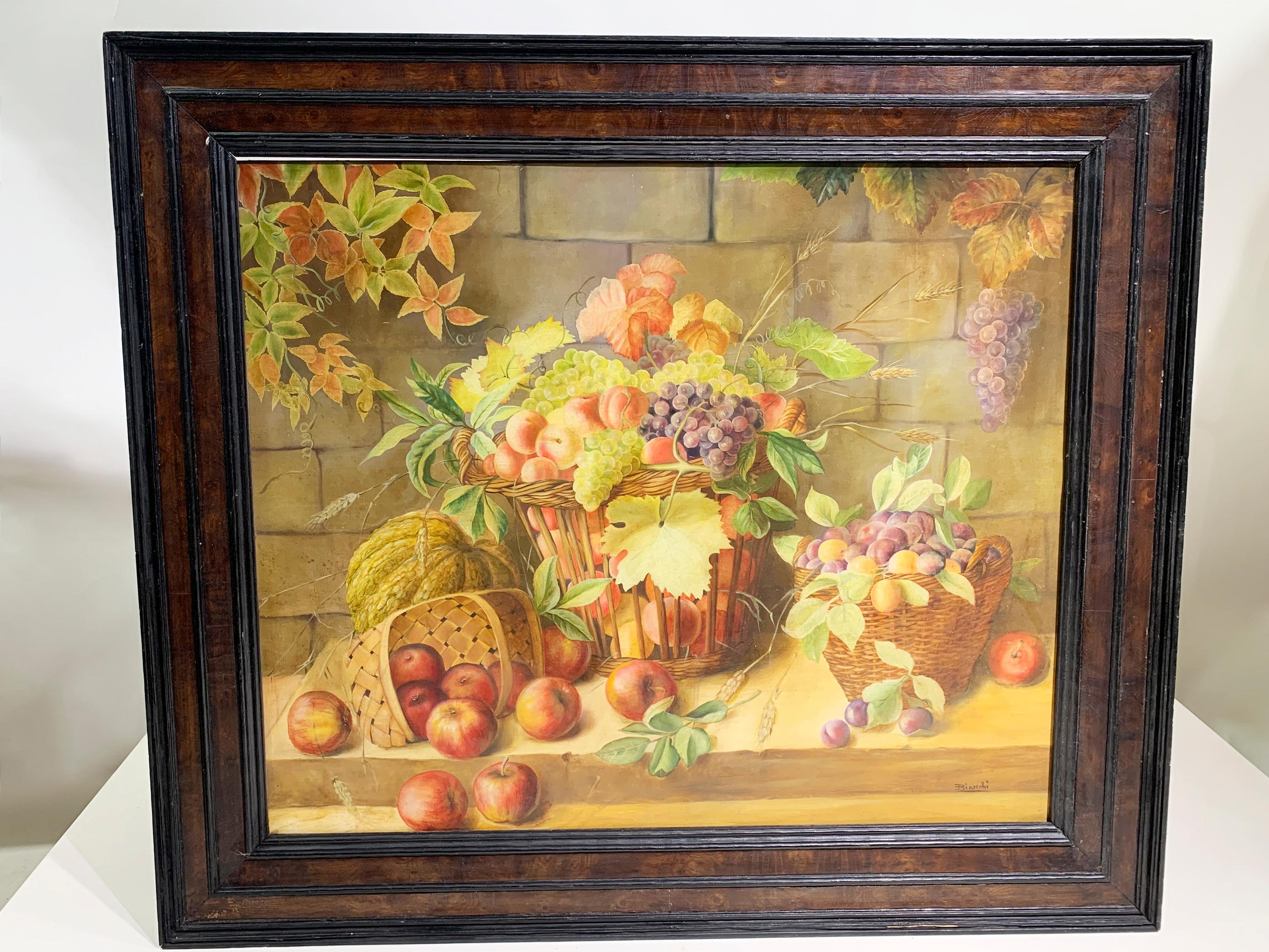 Tela Pittura con cornice in legno con natura morta del XIX secolo / Olio su tela, firmato Bianchi in vendita
