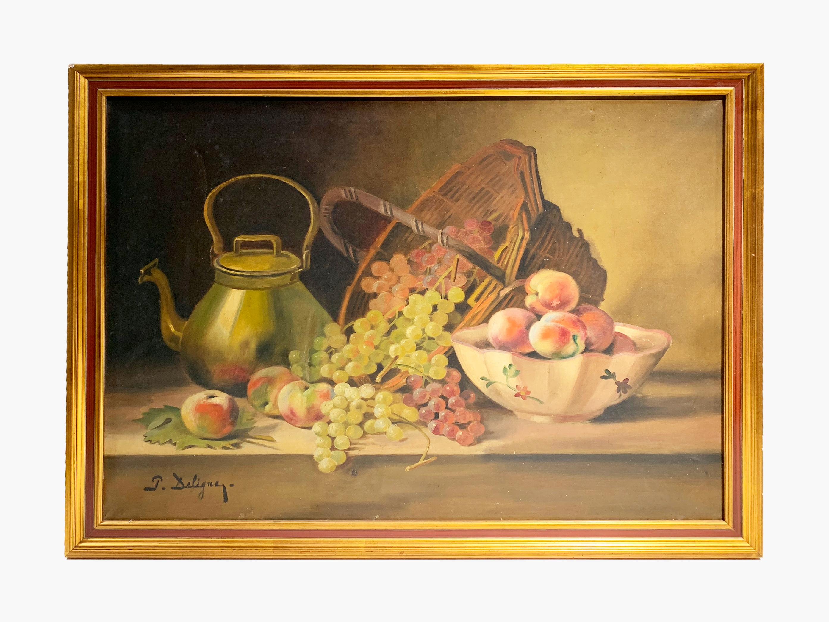 Pittura con cornice in legno con natura morta del XIX secolo / Olio su tela, firmato Deligny in vendita 1