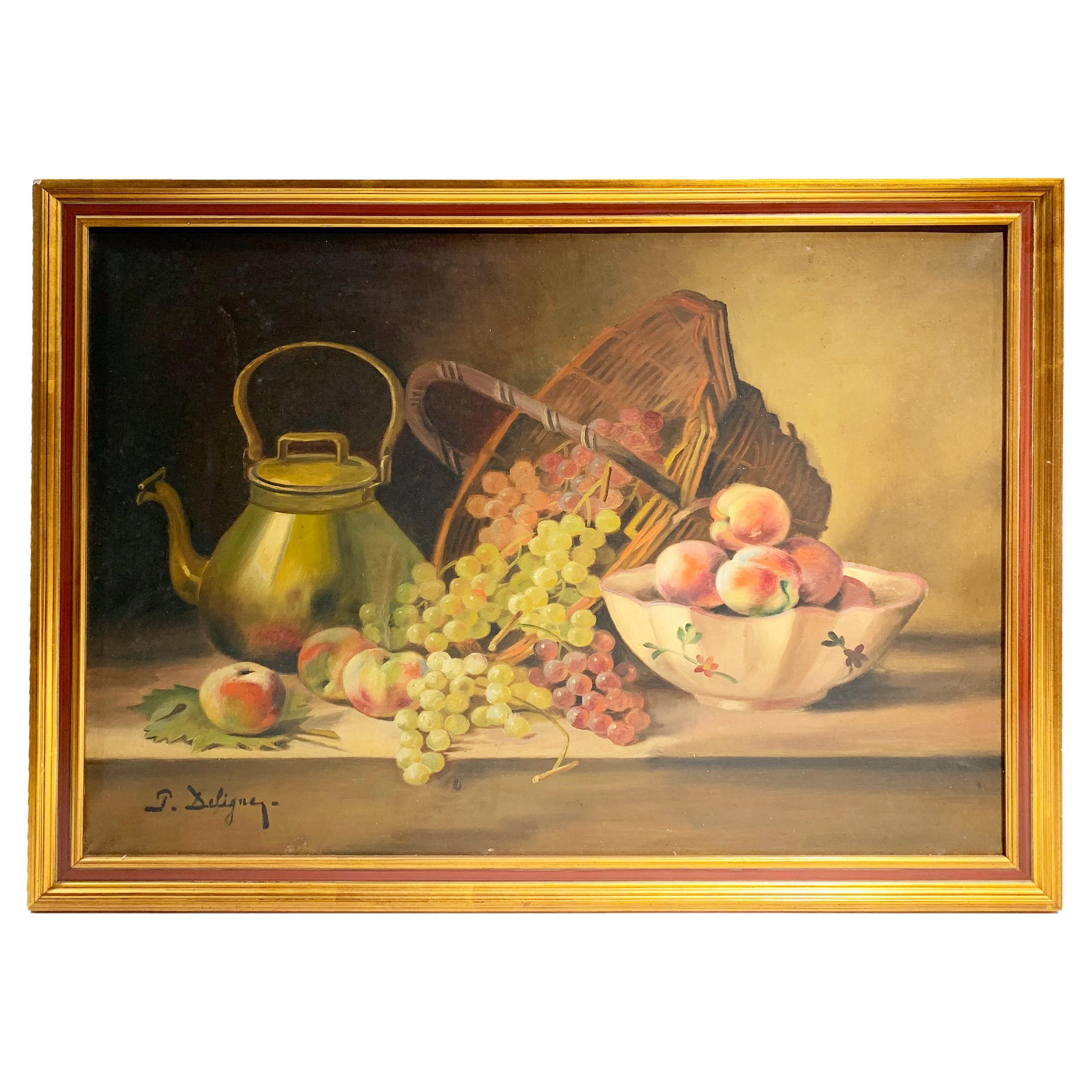 19th Century Still Life Wooden Framed Painting / Oil on Canvas, Signed Deligny For Sale